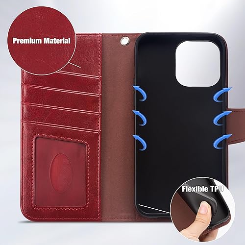 Miniatura 215 de Arae Compatible with iPhone 15 Case with Card Holder and Wrist Strap Wallet Flip Cover for iPhone 15 6.1 inch,Wine Red