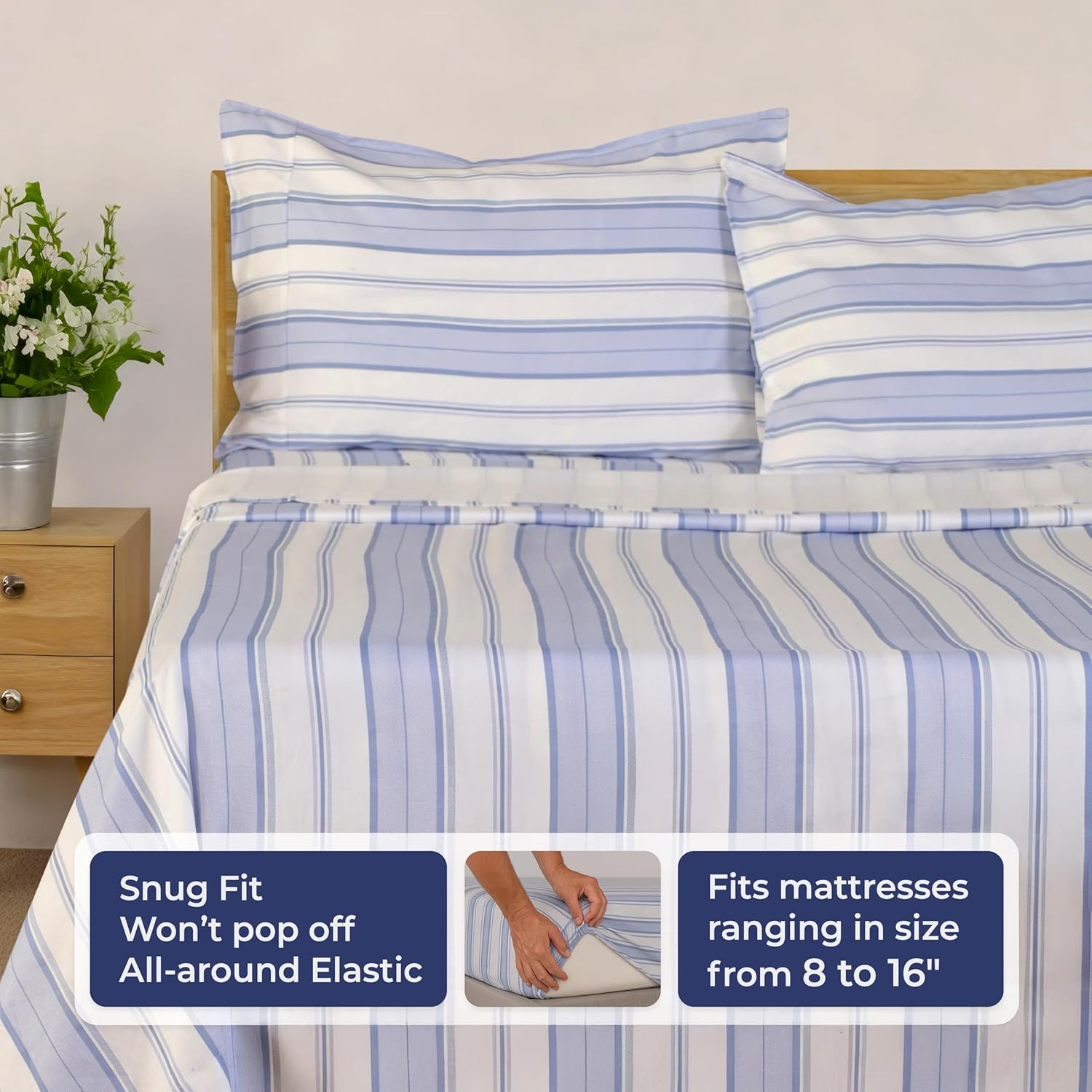 THE ART BOX Twin Sheet Set - Luxury 400 Thread Count, 100% Cotton Deep Pocket Twin Sheets with All Around Elastic, Snug Fit, Hotel Quality Bedding Set - Blue Stripes - Image 5