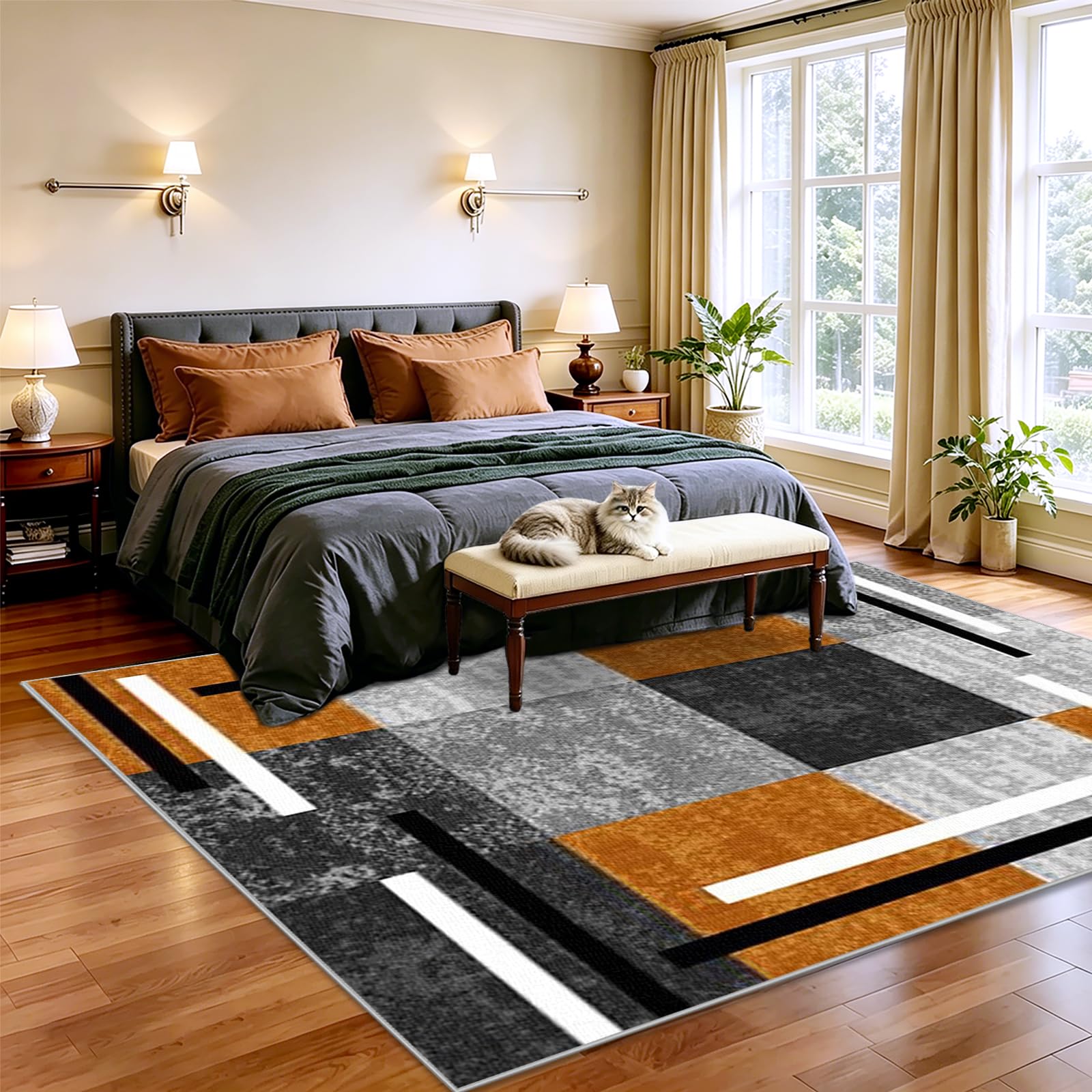 Teppich Wohnzimmer Vintage Wohnzimmerteppich Moderne Geometrische Abstrakte Muster Teppich Schlafzimmer Kinderzimmer Teppiche Groß rutschfest Kurzflor Teppiche Gegend Gelb 100 x 140cm