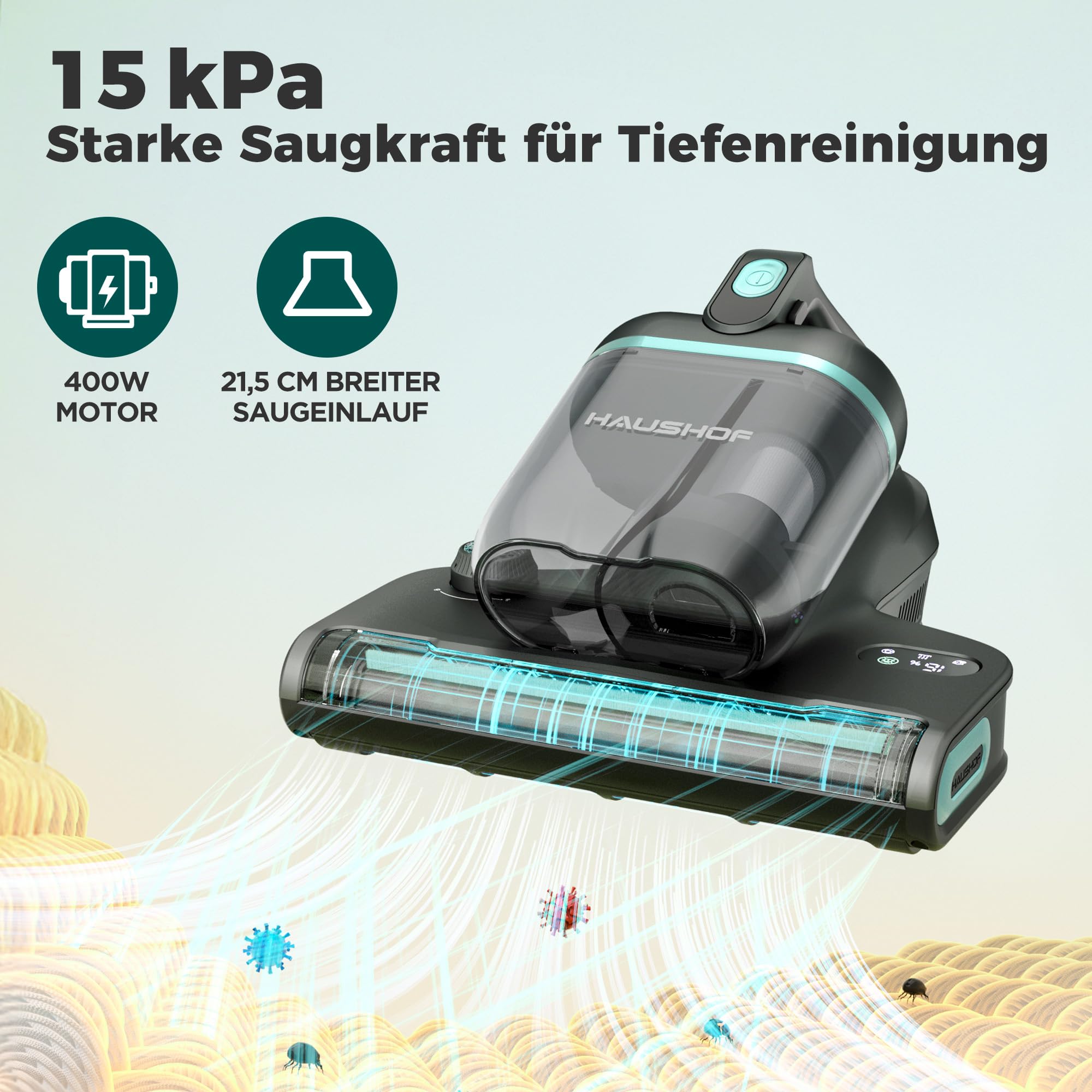 HAUSHOF Milbensauger Matratzen 400W 15 kPa UV Licht 60℃ Heißluft Aroma-Funktion LED-Display Doppel-Staubbehälter