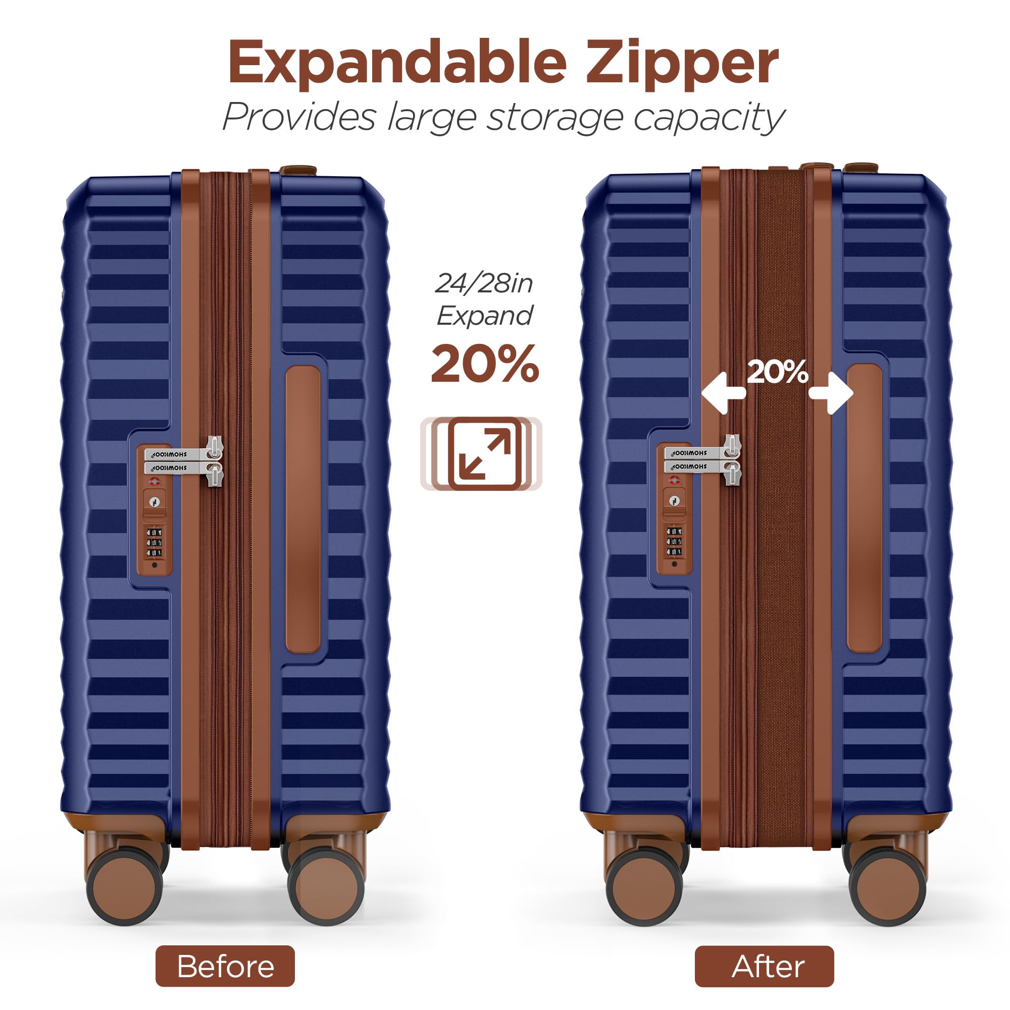 SHOWKOO Set Valigie 5 Rigide Espandibile Set Trolley da Viaggio 100% PC Bagaglio a Mano Valigia Grande Cabina con Borsa da Toilette e Borsa da Viaggio, Profondo Blu