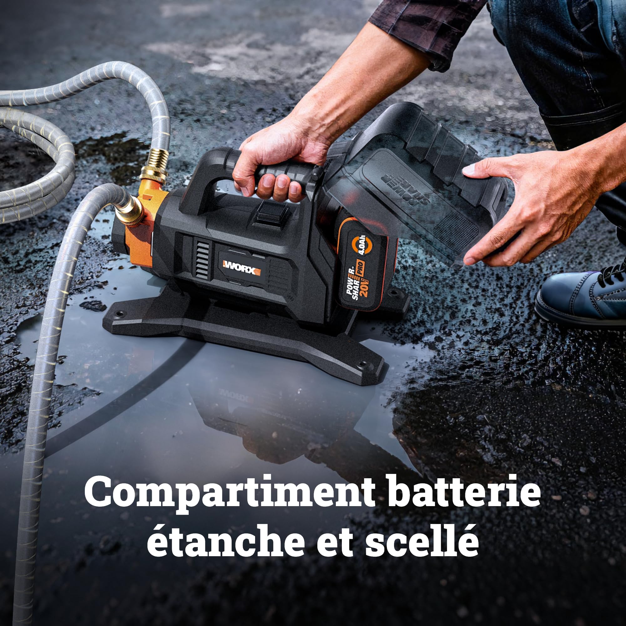 WORX Pompe de transfert sans fil 20V WG830E.9 | Débit jusqu'à 1300 l/h, fonctionnement sans amorçage, compacte et compatible PowerShare