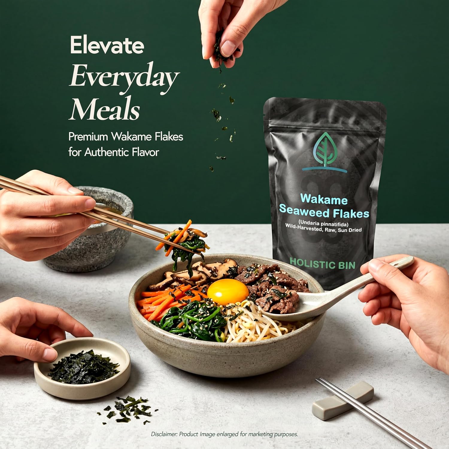Holistic Bin Atlantic Wakame Seaweed Flakes, Wild-Caught, Soup, Ramen - 50g | Ready to Use Powder, Perfect for Miso, Salad Mixes, Vegan-Friendly Snack, No Fillers or Additives, Packed in Resealable Pouch thumbnail