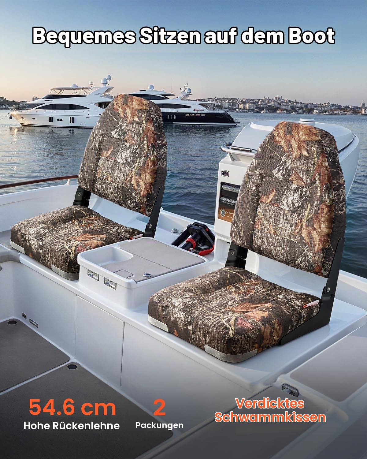 VEVOR 2 Stk. BootssitzBootsstuhl mit hoher Rückenlehne klappbarer Fischerbootsitz mit dickem Schwammkissen & PU-Leder, Scharniere aus Aluminiumlegierung, für Boote Yachten Schiffe, Tarnfarbe
