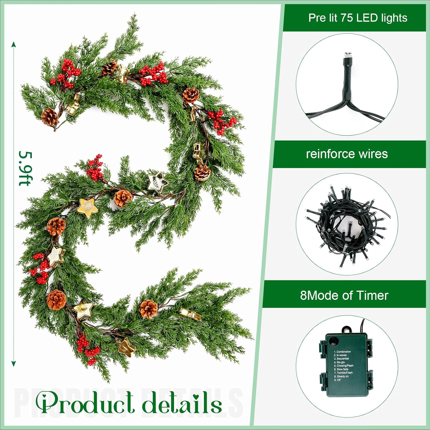 Joyhalo Christmas Garland, 6 FT Faux Real Touch Cedar Garland Artificial Realistic Hobby Lobby, Prelit Cedar Garland with Lights Battery Operated for Mantle, Stairs Railing