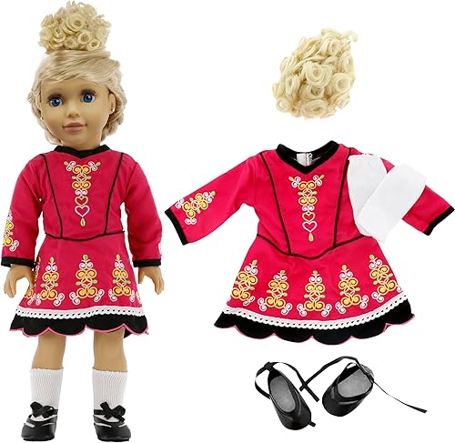 Conjunto de 4 piezas de muñeca irlandesa que baila, ropa de disfraz para muñecas estadounidenses de 18 pulgadas, incluye vestido de baile, cabello