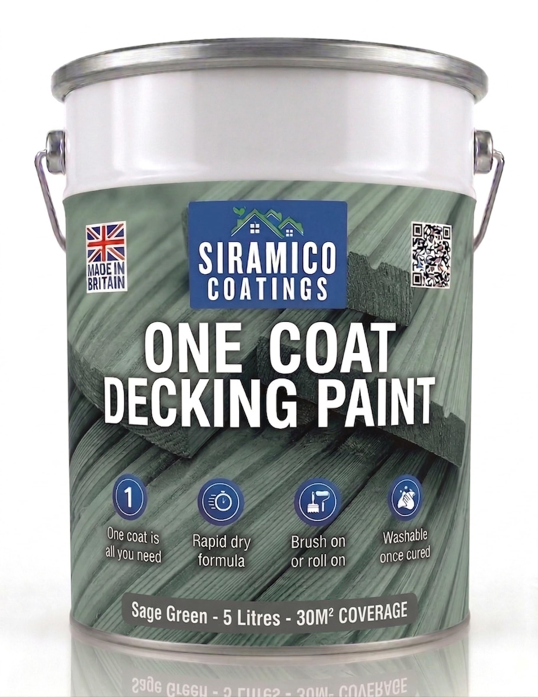 SIRAMICO COATINGS One Coat Anti-Slip Decking Paint | 5 Litres | 7 Luxury Colours I Mould & UV Resistant Formula | White - Grey - Sage Green - Black - Brick Red (Sage Green)