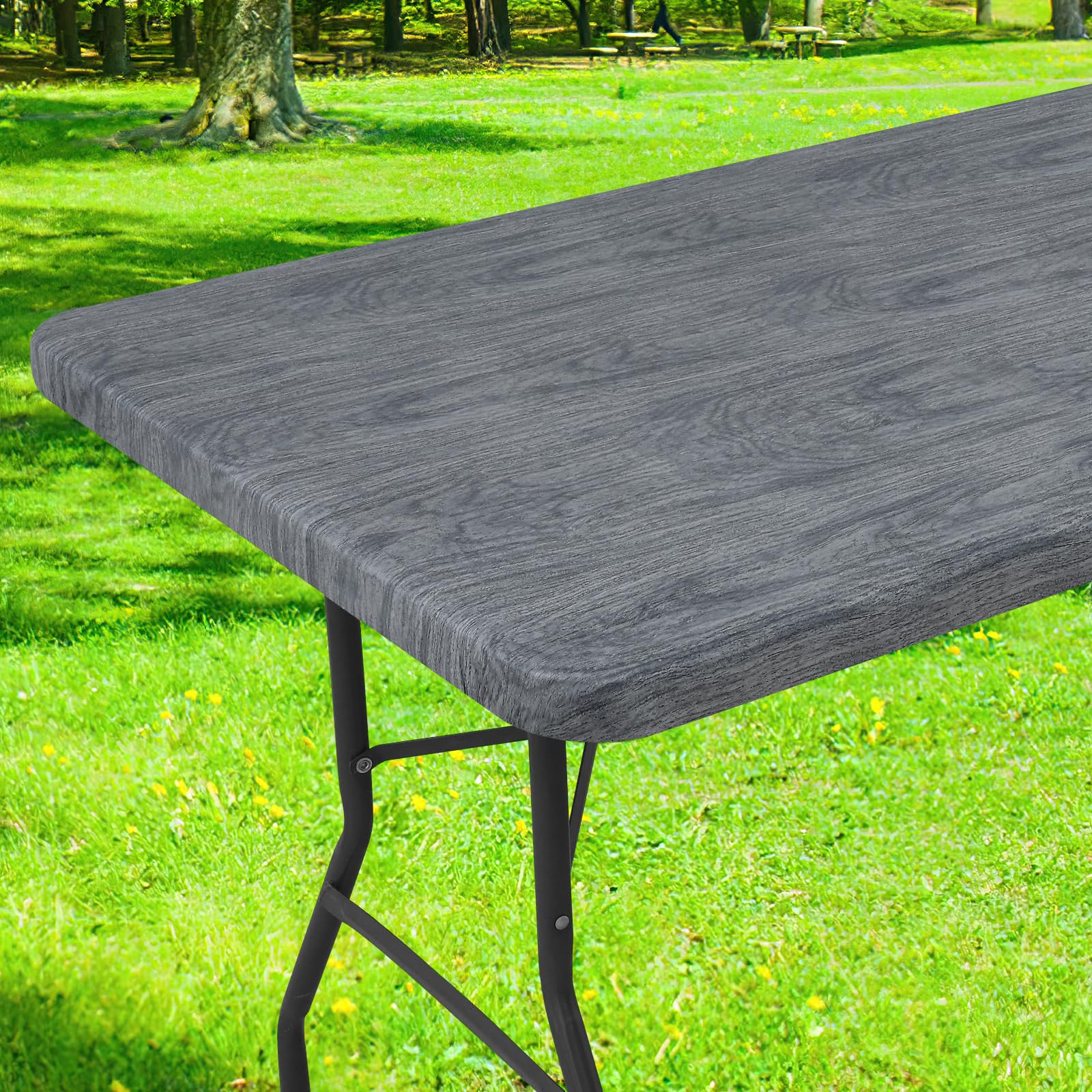 Photo 1 of Smiry Rectangle Table Cloth Cover, Waterproof Elastic Fitted Picnic Tablecloth for 6 Foot Tables, Wipeable Flannel Backed Vinyl Tablecloths for Camping, Dining, Outdoor (Dark Grey, 36" x 72")
