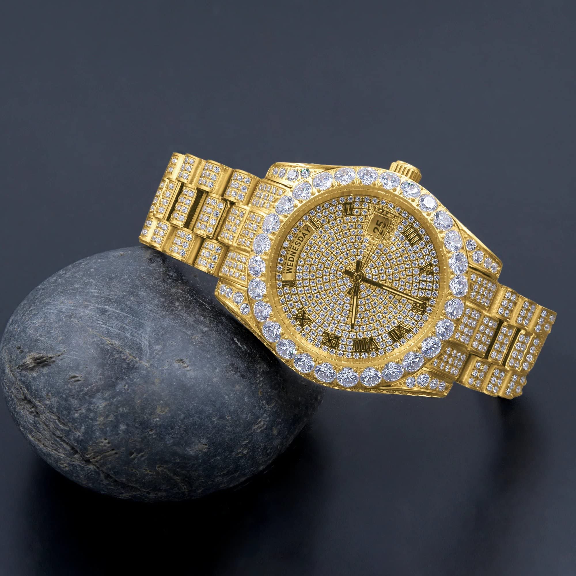 .iced-out. Orologio automatico in acciaio inossidabile CZ - Oro, Oro, Bracciale