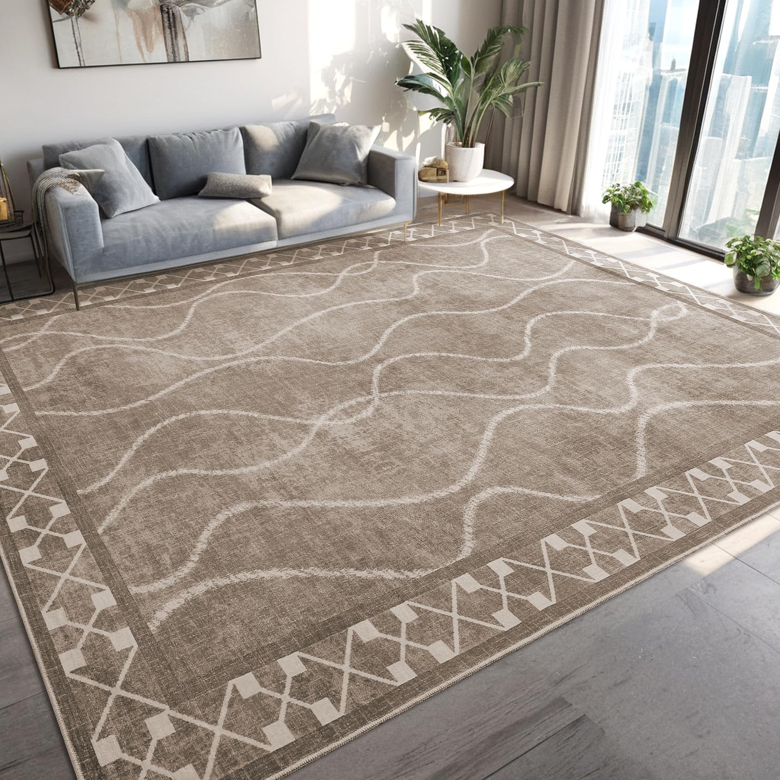 Woottpe Area Rugs 6x9 Washable Rug, Non-Slip Rugs for Living Room, Low Pile Bordered Rugs Alfombras, Large Print Rubber Backing Indoor Carpet for Home