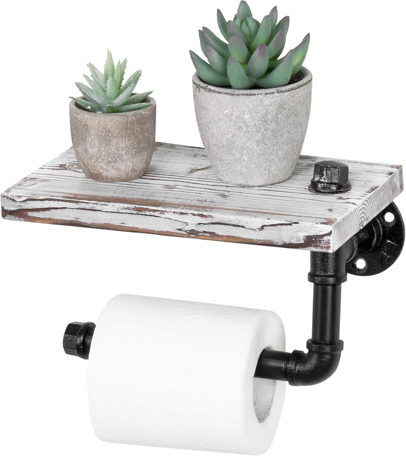 MyGift Wall Mounted Toilet Paper Holder with Industrial Metal Pipe Bar and Whitewashed Solid Wood Floating Display Shelf