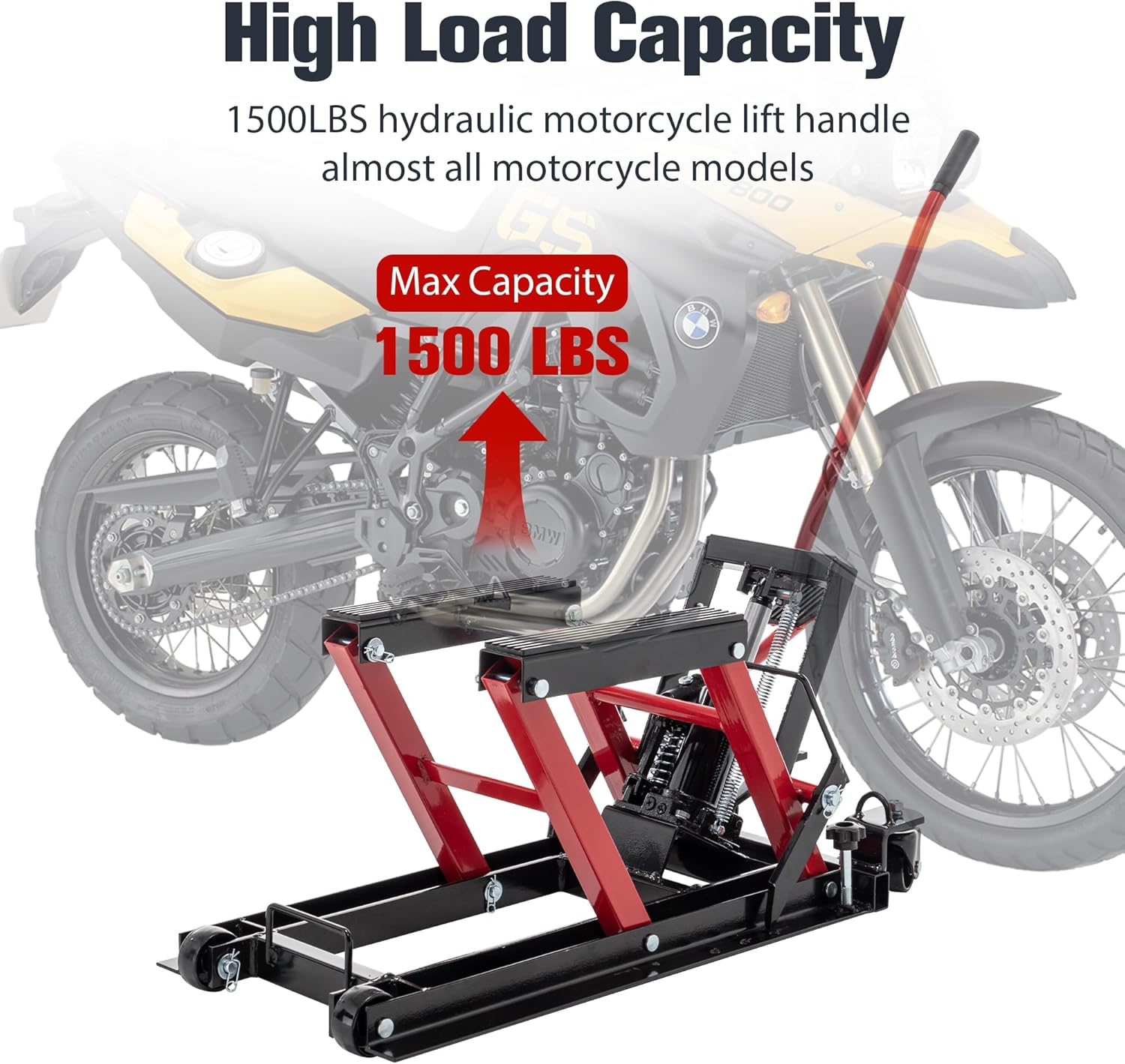 Hydraulic Motorcycle Lift Jack, 1500 LBS Capacity Foot-Operated Motorcycle Lift Table, ATV Scissor Lift Jack with 4.5" - 15" Lifting Range, Portable Motorcycle Lift Table with Wheels