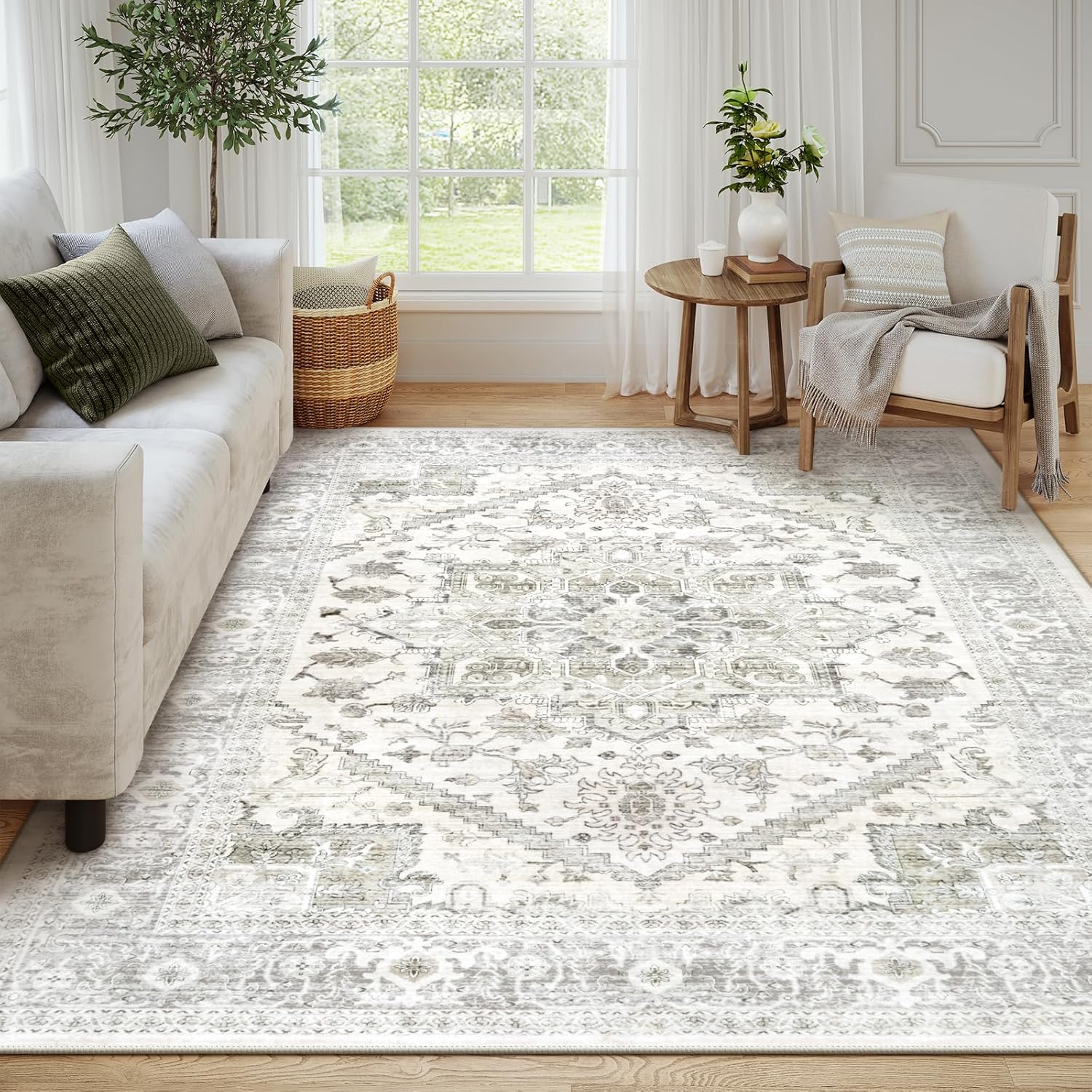 LIVEBOX Washable Area Rug 8x10 - Large Beige Vintage Tribal Living Room Rug Oriental for Bedroom, Non-Slip Retro Medallion Carpet Print Distressed for Dining Room Guest Office 8' x 10' (Rectangular) Medallion Beige/Brown
