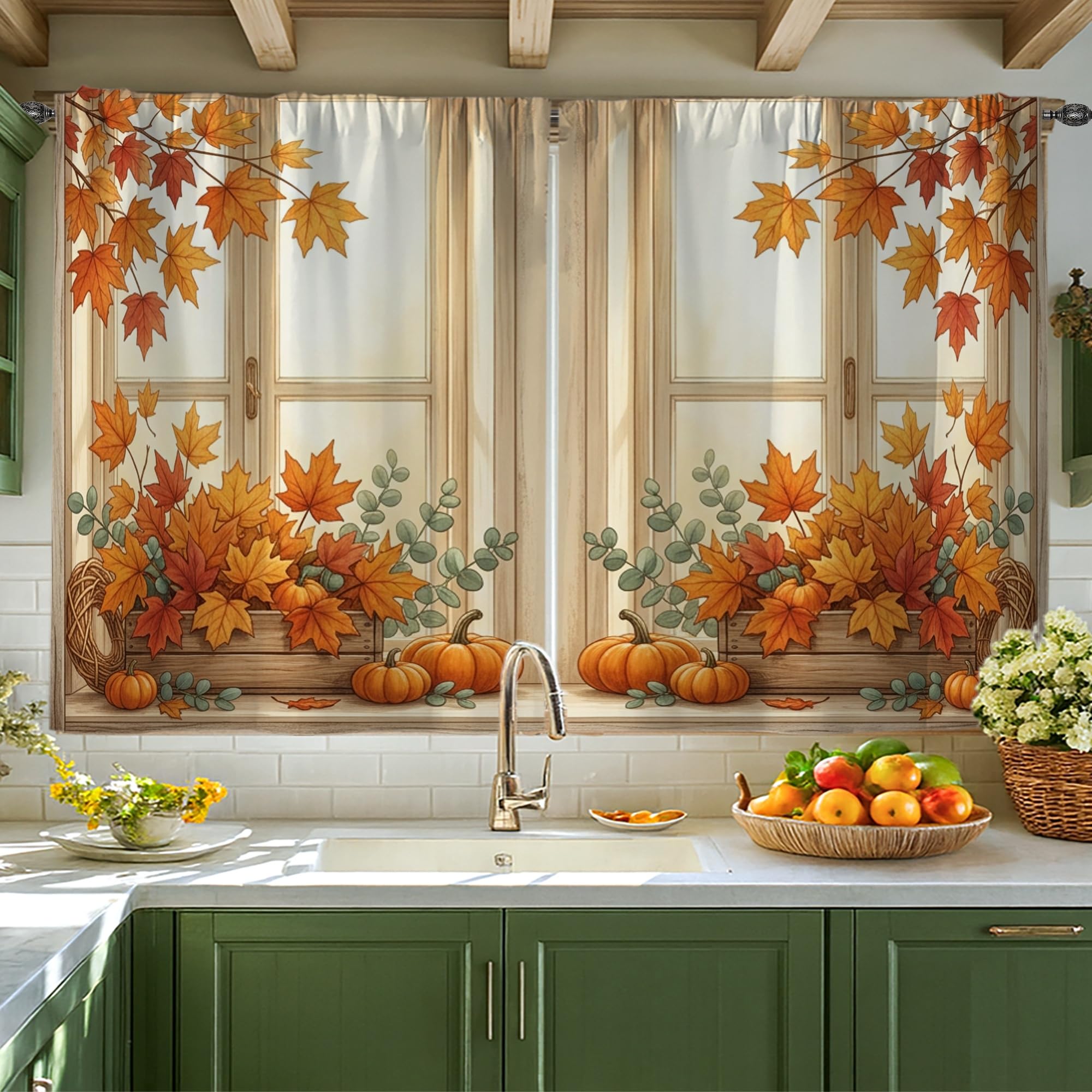 Rideaux de cuisine motif automne pour fenêtre étroite de camping-car et petit évier rustique