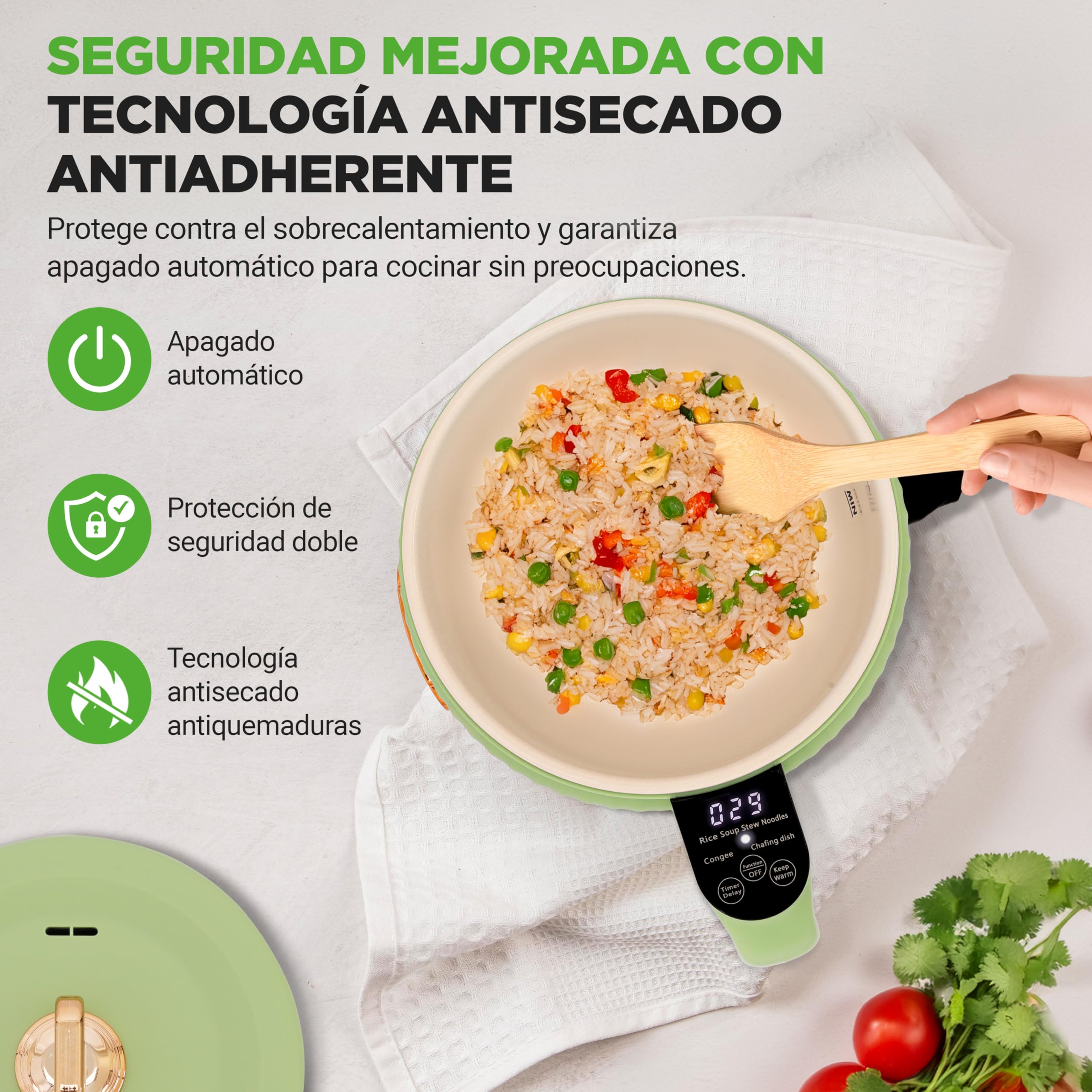 Nutrichef arrocera electrica mini, Rice cooker, Portatil, Preparador de comidas, Recubrimiento ceramico antiadherente, Panel de control digital, 6 funciones de coccion, 1.5L