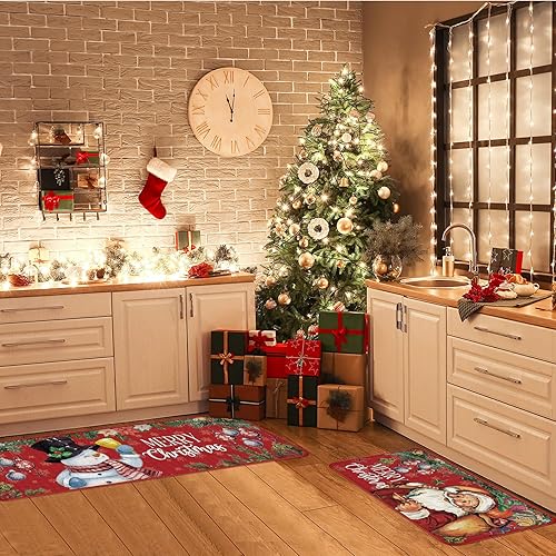 Miniatura 2 de Juego de 2 alfombras y tapetes de cocina con texto en inglés "Merry Christmas", tapete para fregadero de invierno y vacaciones, tapete para cocina,
