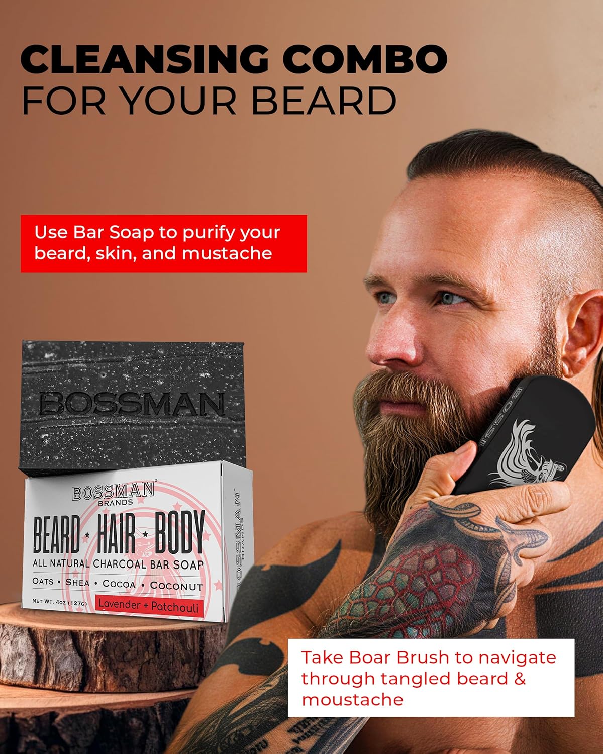 Bossman Big Boss Beard Care Kit for Men - 7 Piece Beard Grooming Kit with Jelly Beard Oil, Beard Conditioner, Beard Balm, MUDstache Wax, Bar Soap, Metal Comb, Brush - Gift Set for Men (Magic) - Image 3