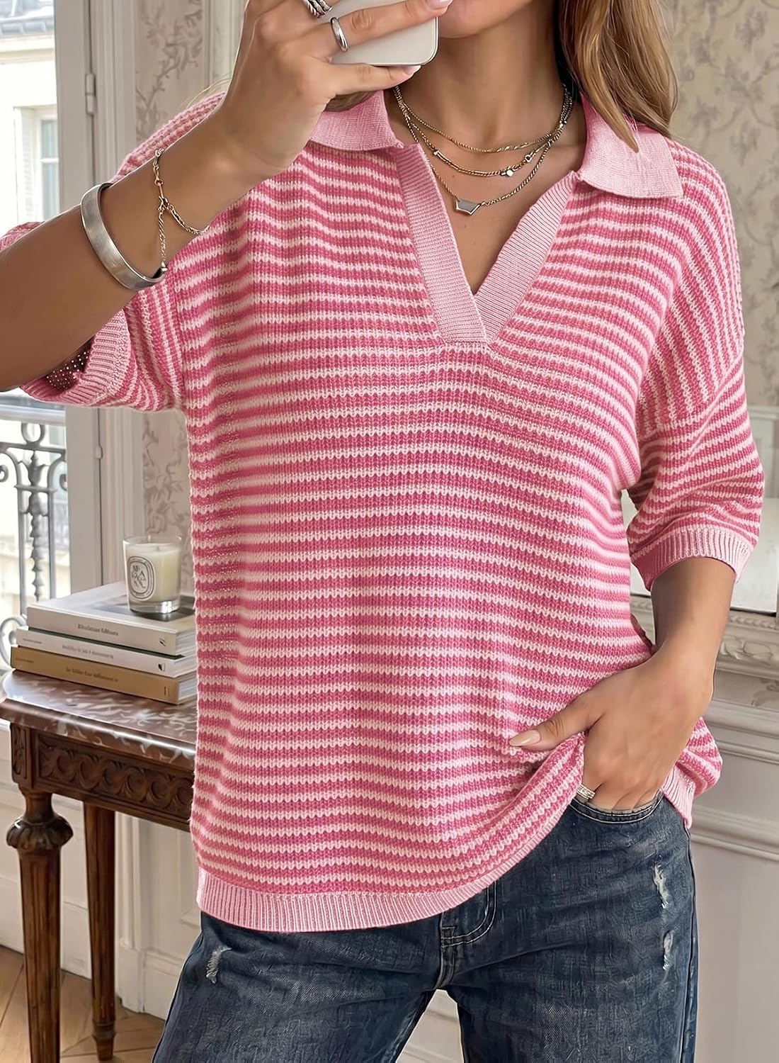Dokotoo Women's Half Sleeve Striped Sweaters 2026 Collared V Neck Knit Top image 3