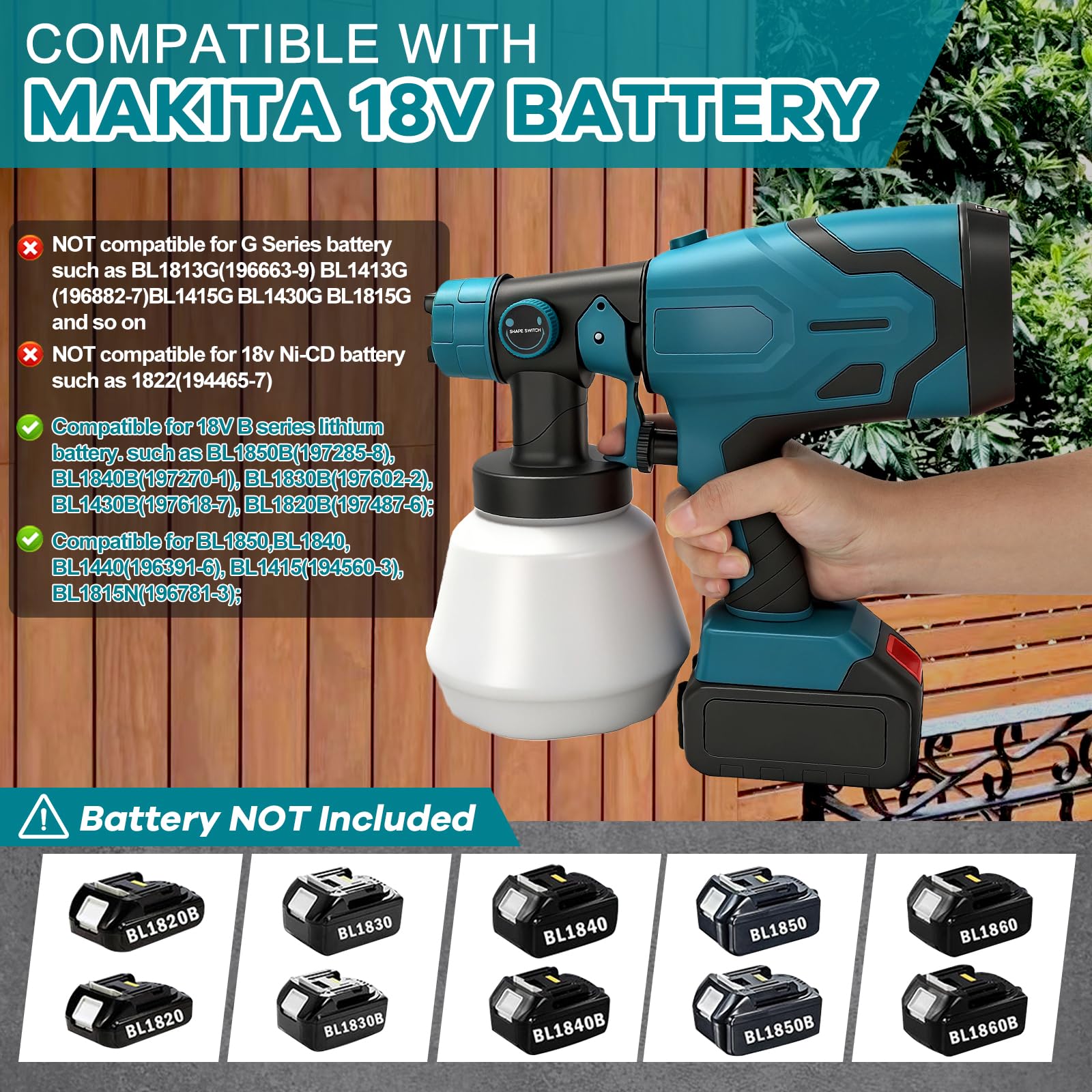 Pistola Pintura Compatible con Makita 18 V batería, HVLP Pistola de Pintura Electrica, depósito de 1000 ml,con 4 boquillas, Flujo Ajustable para Vallas, Paredes, Techos (no Batería)