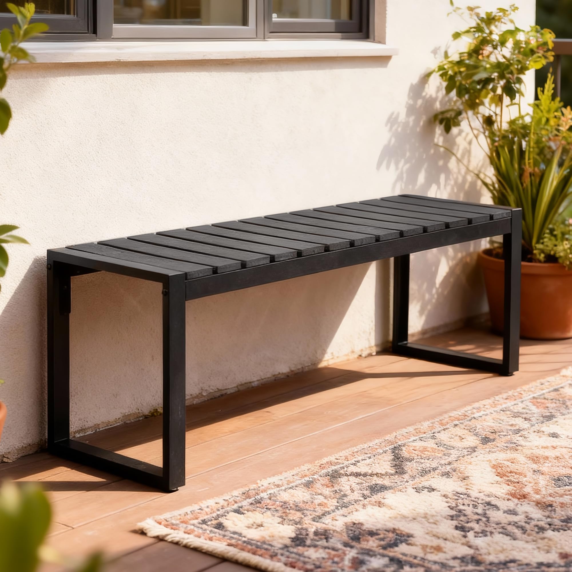 Mingone Gartenbank wetterfest, Harzbank 2-Sitzer 120 x 40 x 45 cm (Schwarz) | Bank Outdoor , Gartenbank Holz & Metall, Balkon Bank für Garten Balkon & Flur,Sitzbank 200 kg
