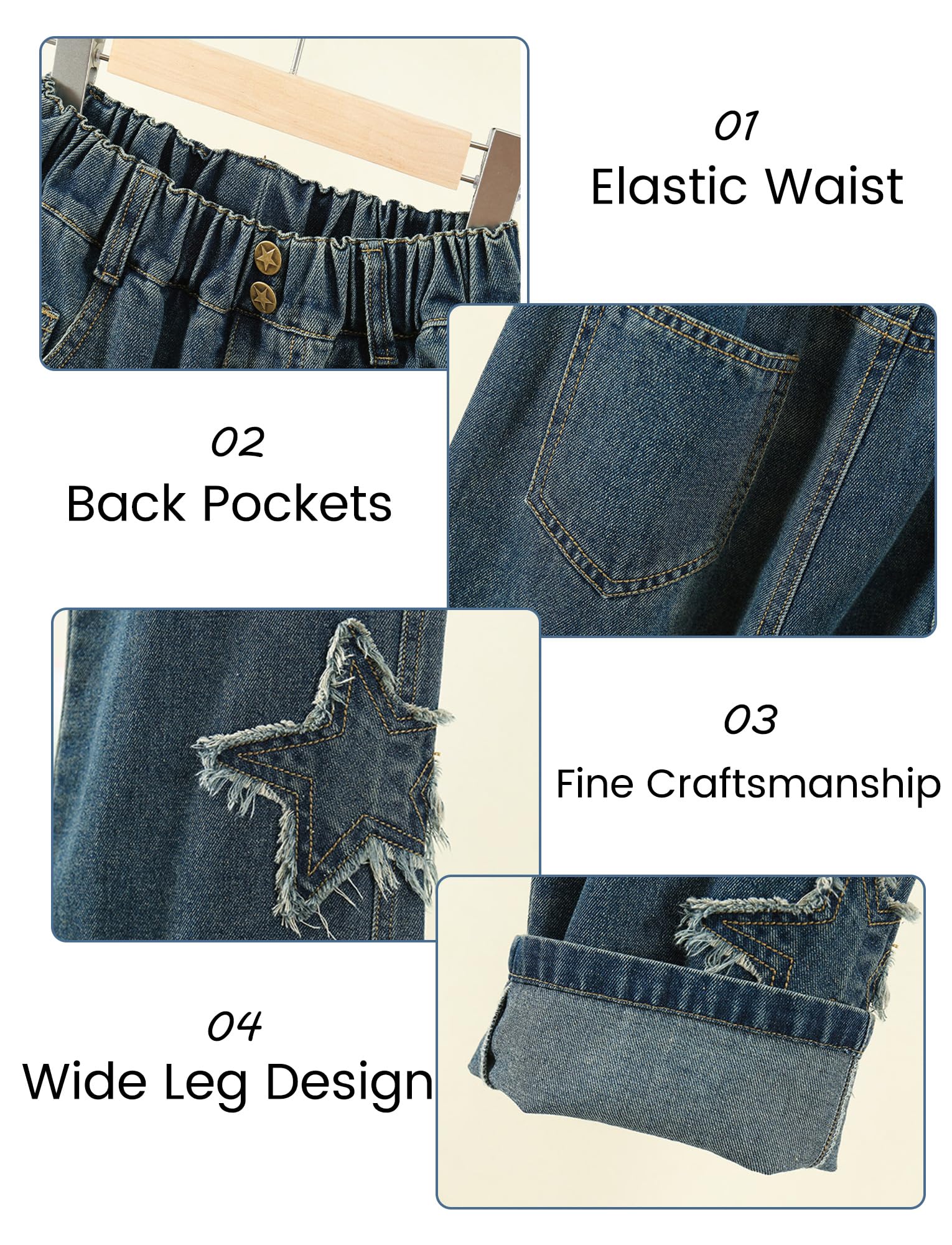 SEAUR Wide Leg Jeans for Girls Kids Baggy Jeans Y2K Elastic Waist Pants Casual Loose Denim Pants with Pockets Comfy Trousers