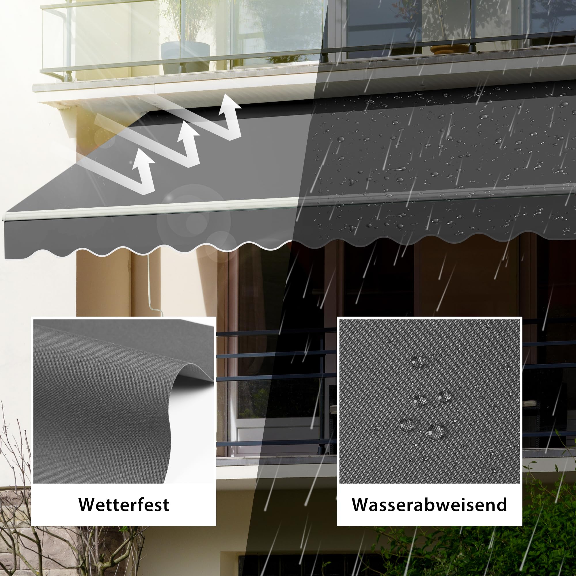 paramondo Gelenkarmmarkise Basic 2000 Markise Sonnenschutz Sichtschutz für Balkon & Terrasse, Vollständig zusammengebaut, 250 x 150 cm (Breite x Ausfall), Uni Anthrazit