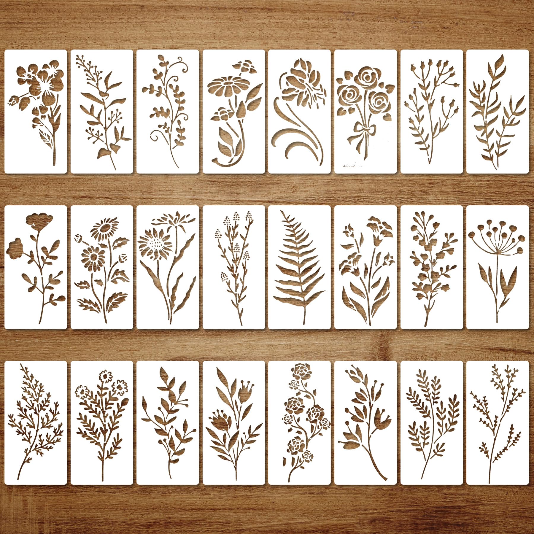 OPUHOHR 24PCS Flower Stencils for Wood, Leaf Drawing Stencil, DIY Craft Paint Template for Wall Floor Decor Rock Dot Painting Art Projects