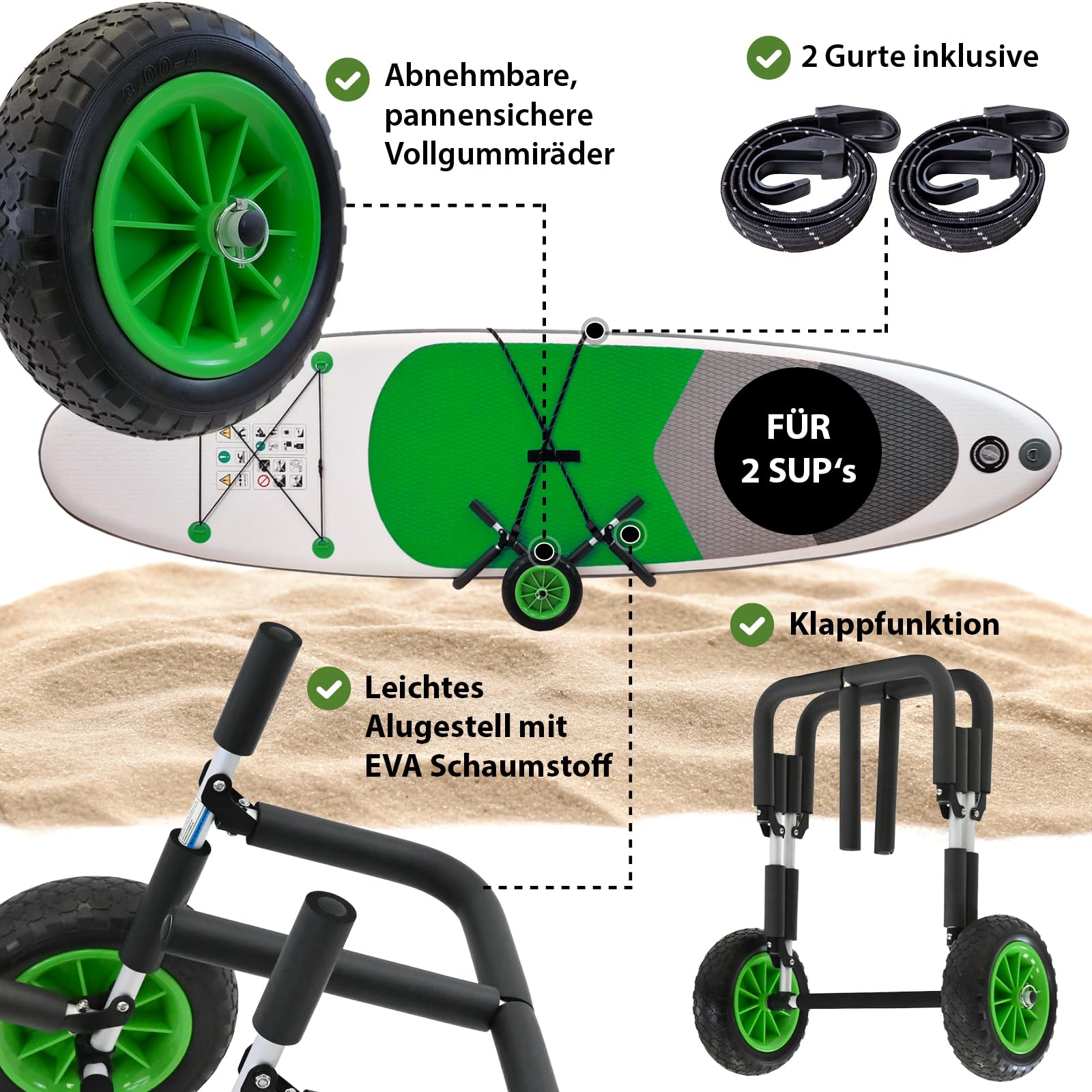 TRUTZHOLM SUP Wagen aus Aluminium mit Schaumstoff-Polsterung für Wassersportgeräte klappbarer Stand Up Pladdle Wagen mit PU-Rädern Kajakwagen Trolley Bootswagen Surfwagen inkl. 2 Sicherheitsgurte