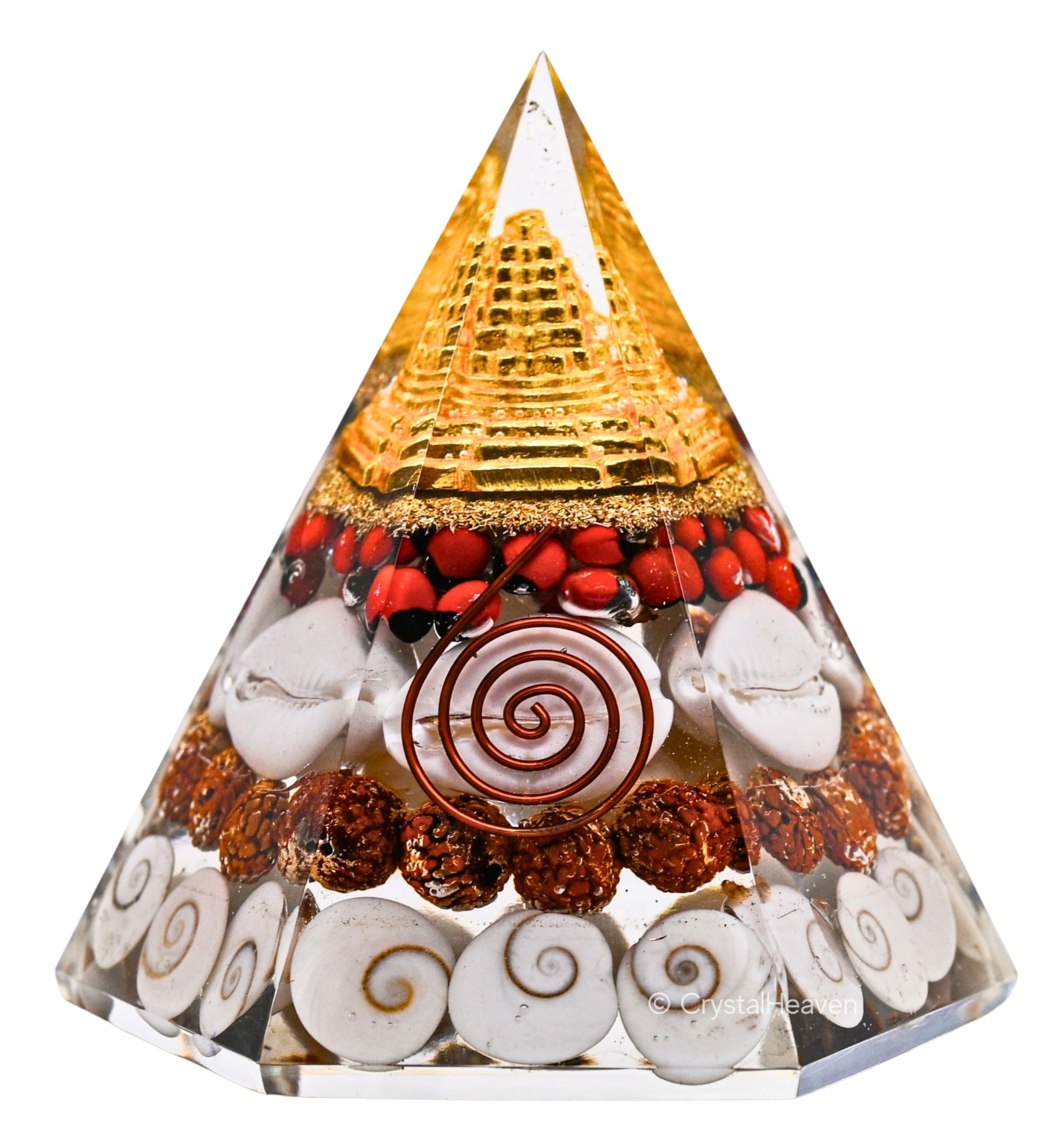 Shri Yantra Gomti Chakra Pyramid - Orgonite Pyramid with Shree Yantra - Feng Shui Vastu Items for Home with Rudraksha, Gomati Chakra, Chirmi & Kaudi Shells (Hexagone Pyramid) (B0DDBG15R3) Amazon Price History, Amazon Price Tracker