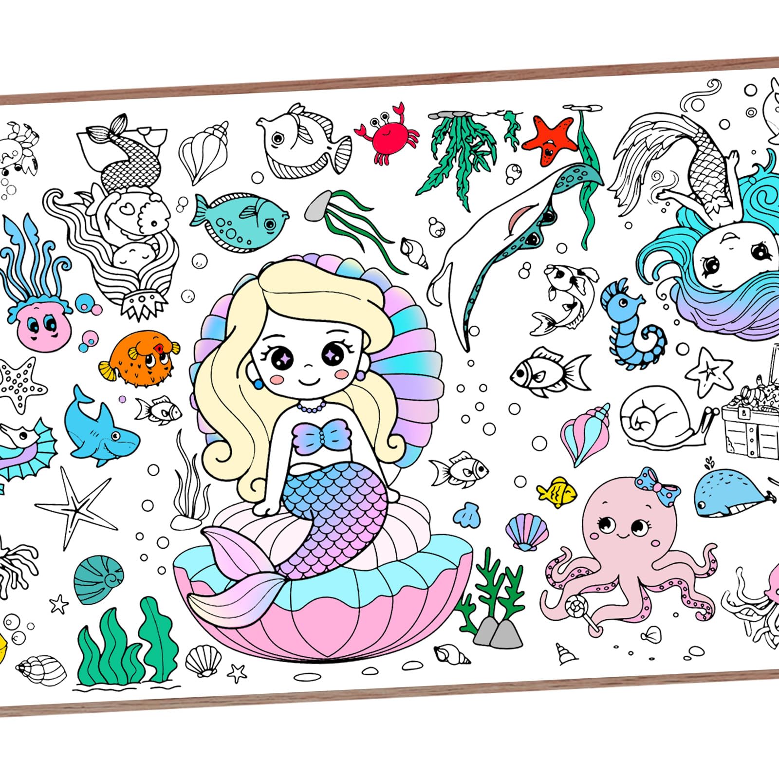 Leezead Mermaid Giant Coloring Poster, 72 x 30 Inches Large Mermaid Themed Coloring Poster&Table Cover Mermaids Activity Drawing Paper Tablecloth for