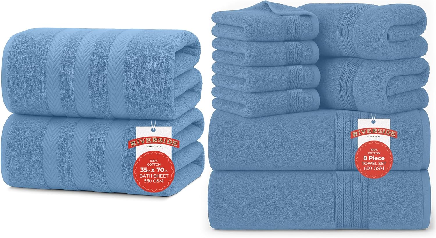 RIVERSIDE 10 Pc Towel Bundle – Includes 2 Bath Sheets (35x70”) + 8 Pc Towel Set [2 Bath Towels (27x54”), 2 Hand Towels (16x28”), 4 Washcloths (12x12”)] – 100% Cotton, Soft, Absorbent & Durable