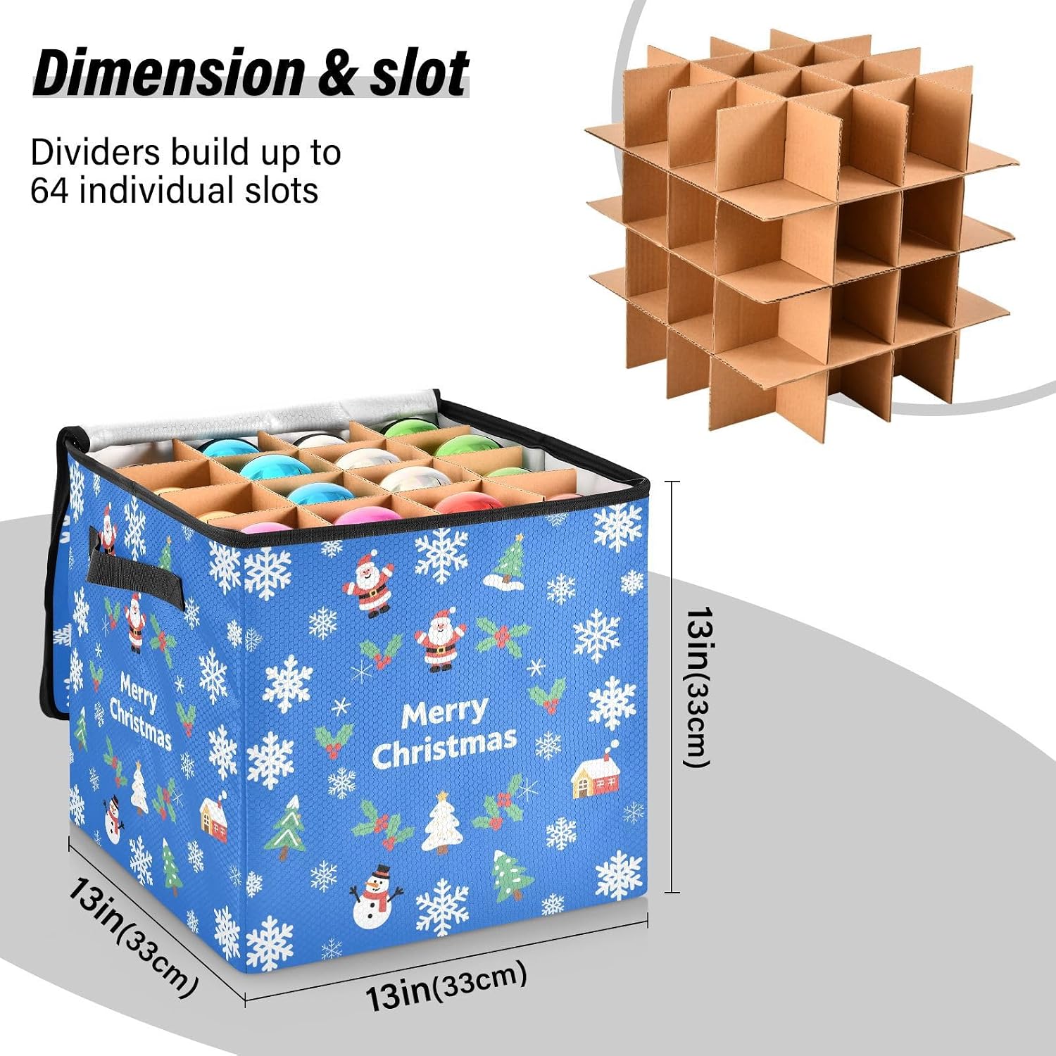 High Capacity Christmas ornament organizer Holds Up to 64, Adjustable Dividers handy Holiday Storage Case with Lid,White Merry Christmas Snowflake Navy Blue