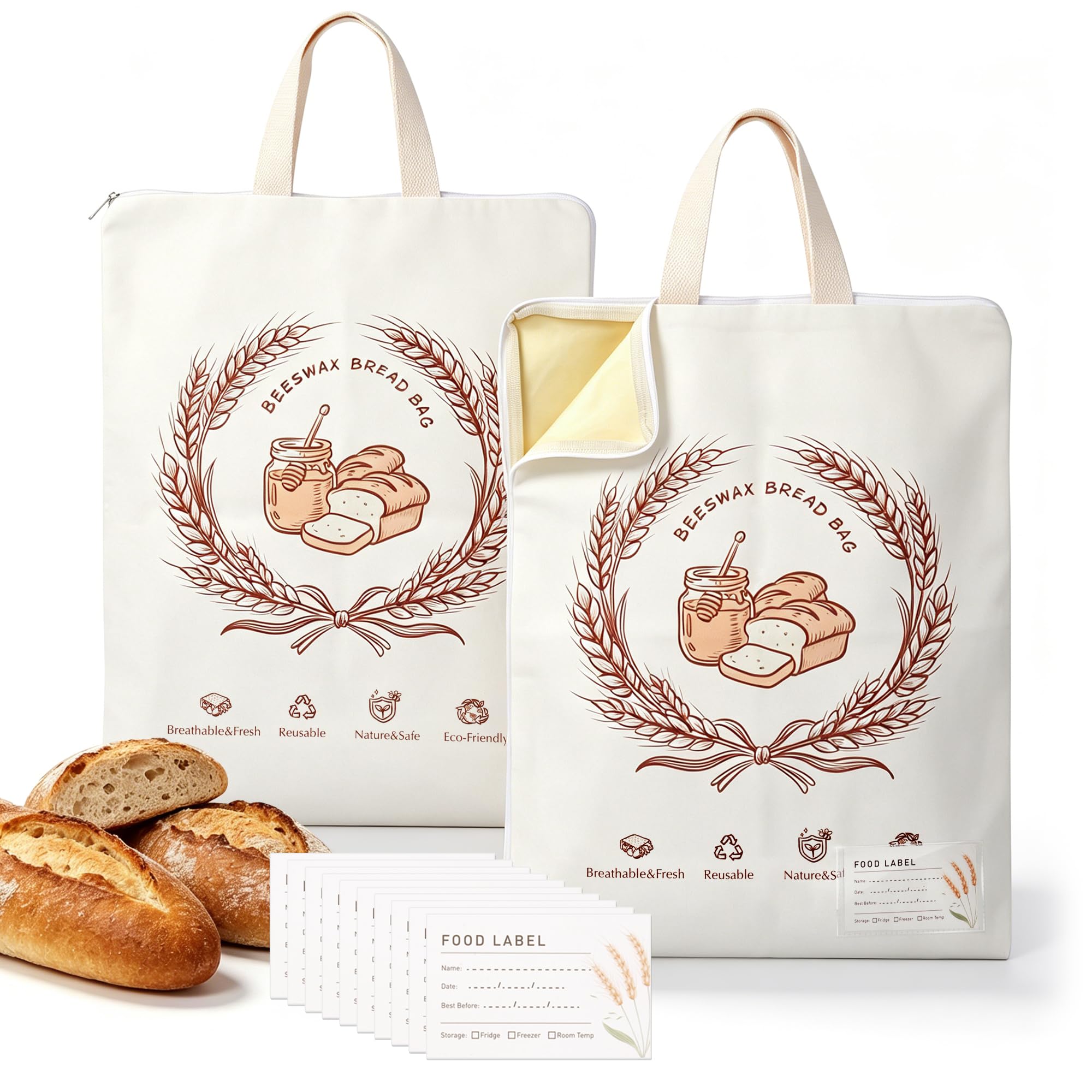 2 Pack Beeswax Bread Bags for Sourdough, 17x13 Inch Reusable Cotton Bread Storage Bags with Zipper and Handle Natural Beeswax Lining Freezer Friendly with 10 Food Labels Included (Wheat Wreath)