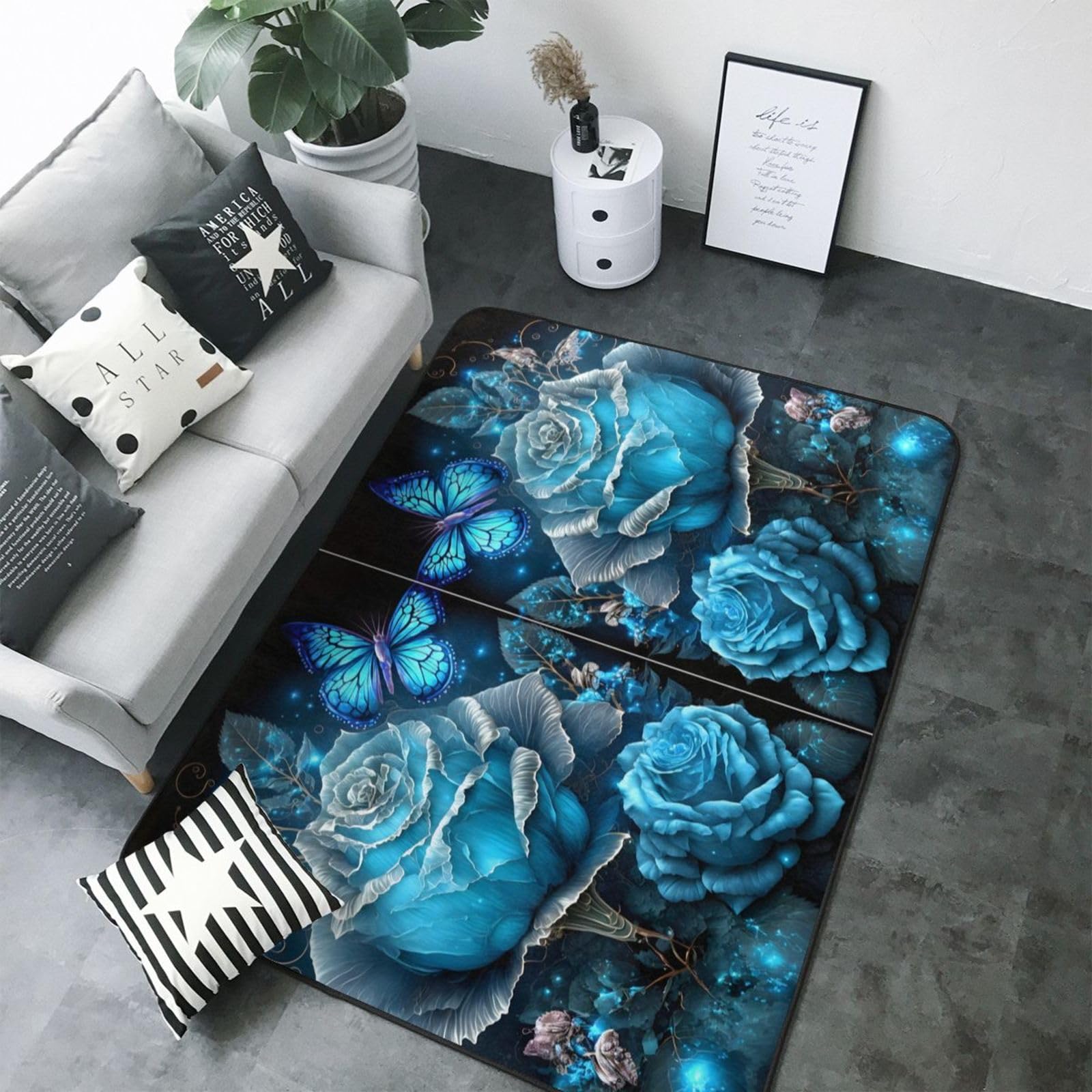 Tapis lavable motif rose bleu dimensions 123,2 x 147,3 cm