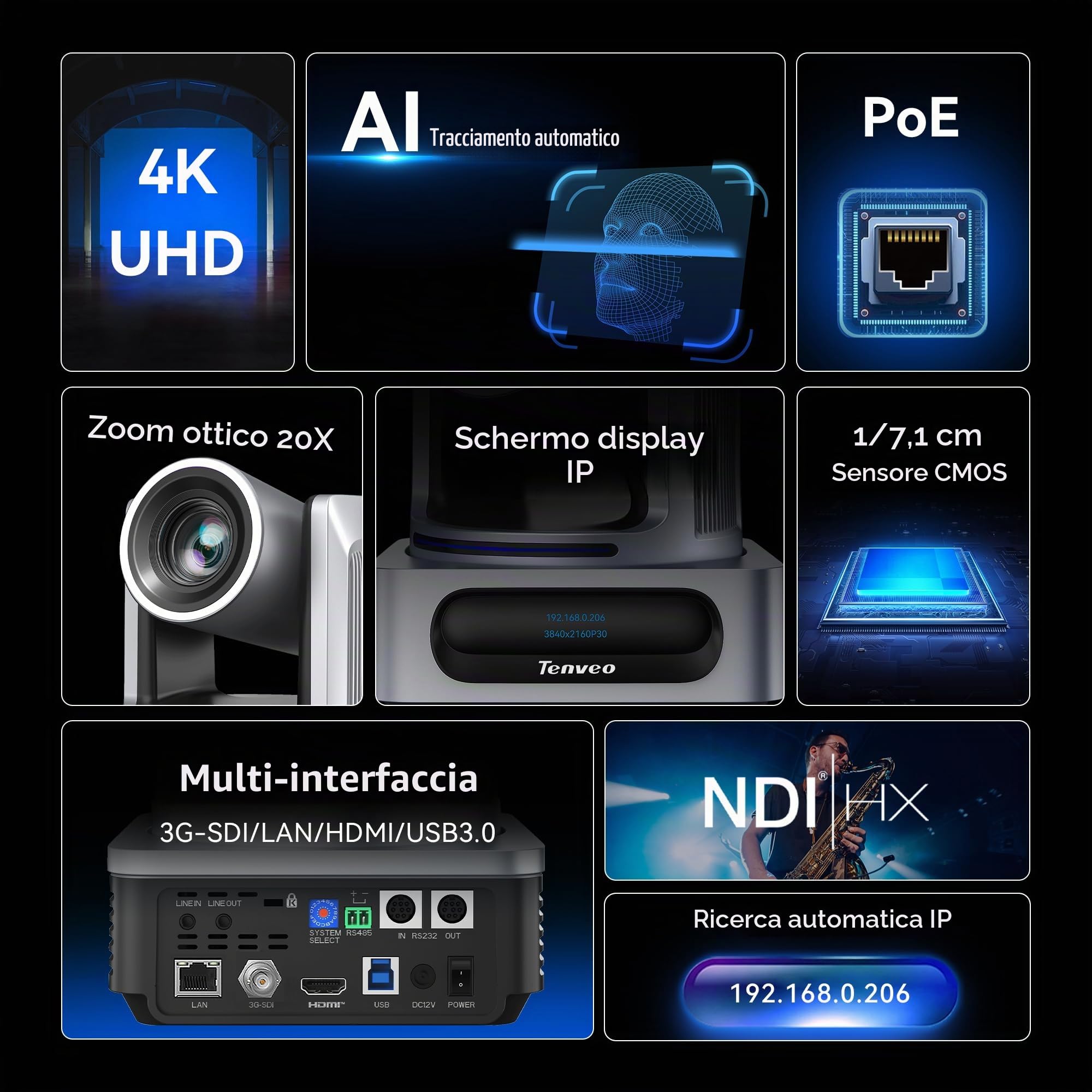 Tenveo Kit Caméras PTZ et Contrôleur 3 Caméras PTZ NDI 4K avec Suivi Auto IA 20X (SDI/HDMI/USB3.0/LAN PoE) et Contrôleur Joystick 4D avec Écran Tactile 7" Quad-View, Switch PoE pour Live Streaming