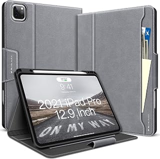 BuKoor iPad Pro 12.9 inch 2022/2021/2020/2018 Case Generation with Apple Pencil Holder PU Leather Folio Smart Stand Magnetic Clasp Shockproof Cover for iPad Pro 12.9 6th/5th/4th/3rd (Uniform Grey)