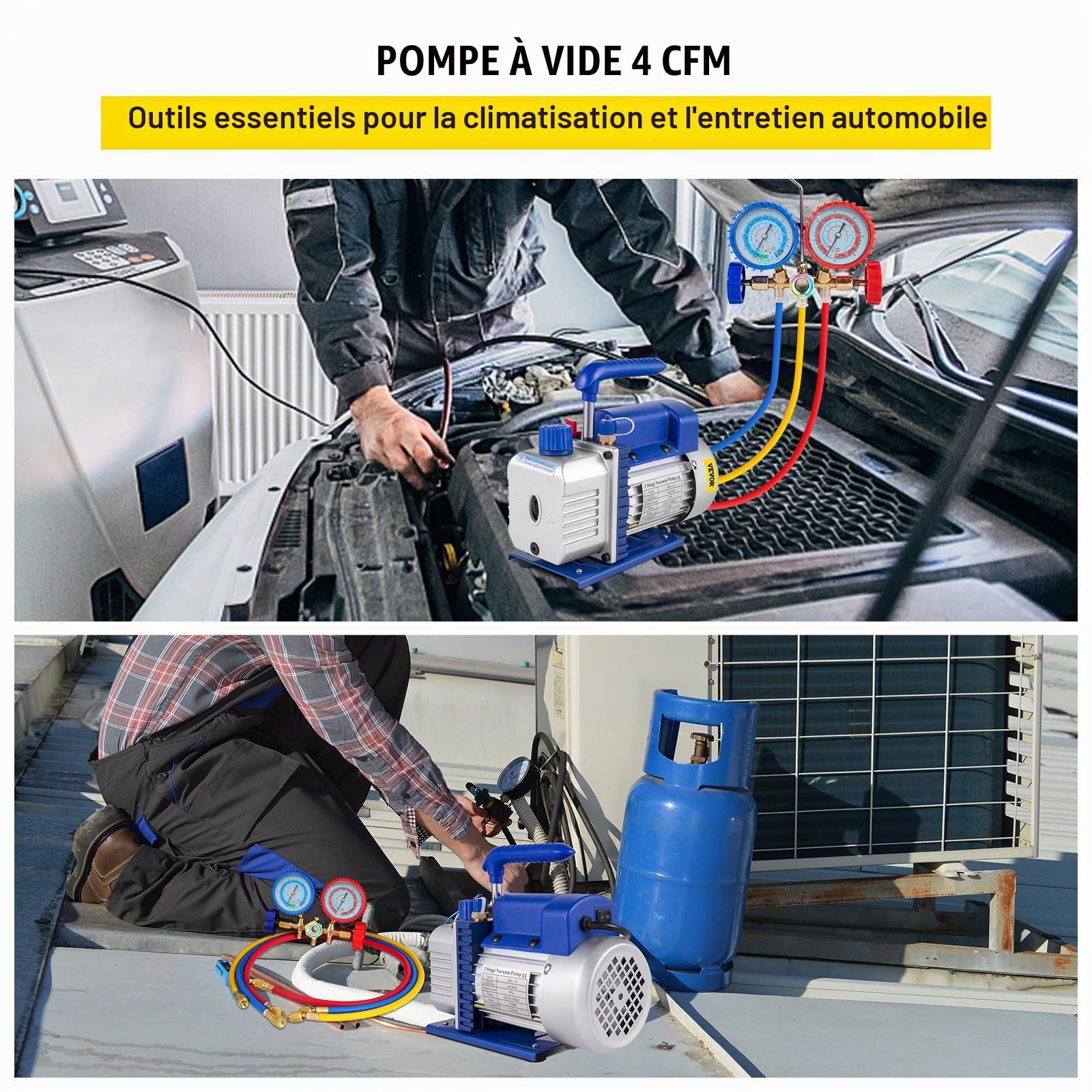 Pompe à Vide Climatisation 1.8CFM 1/4 HP, Kit Frigoriste Professionnel avec Manifold 3 Voies et Tuyaux de Charge, Pompe à Vide HVAC pour Climatisation Auto, Réfrigérateur et Systèmes A/C(4CFM-1/3HP)