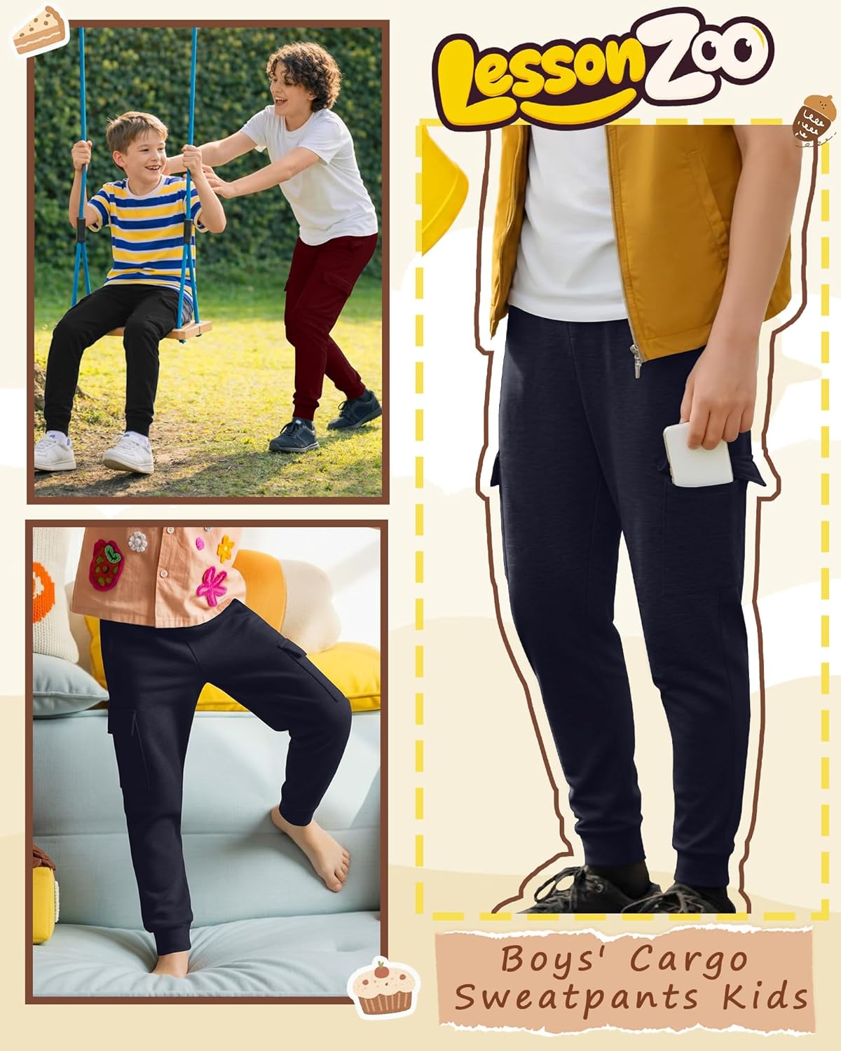 3 Pack Boys' Cargo Sweatpants Kids Casual Joggers Pants with Pockets Elastic Waist Track Cuffed Athletic Pant 5-14Y - Image 6