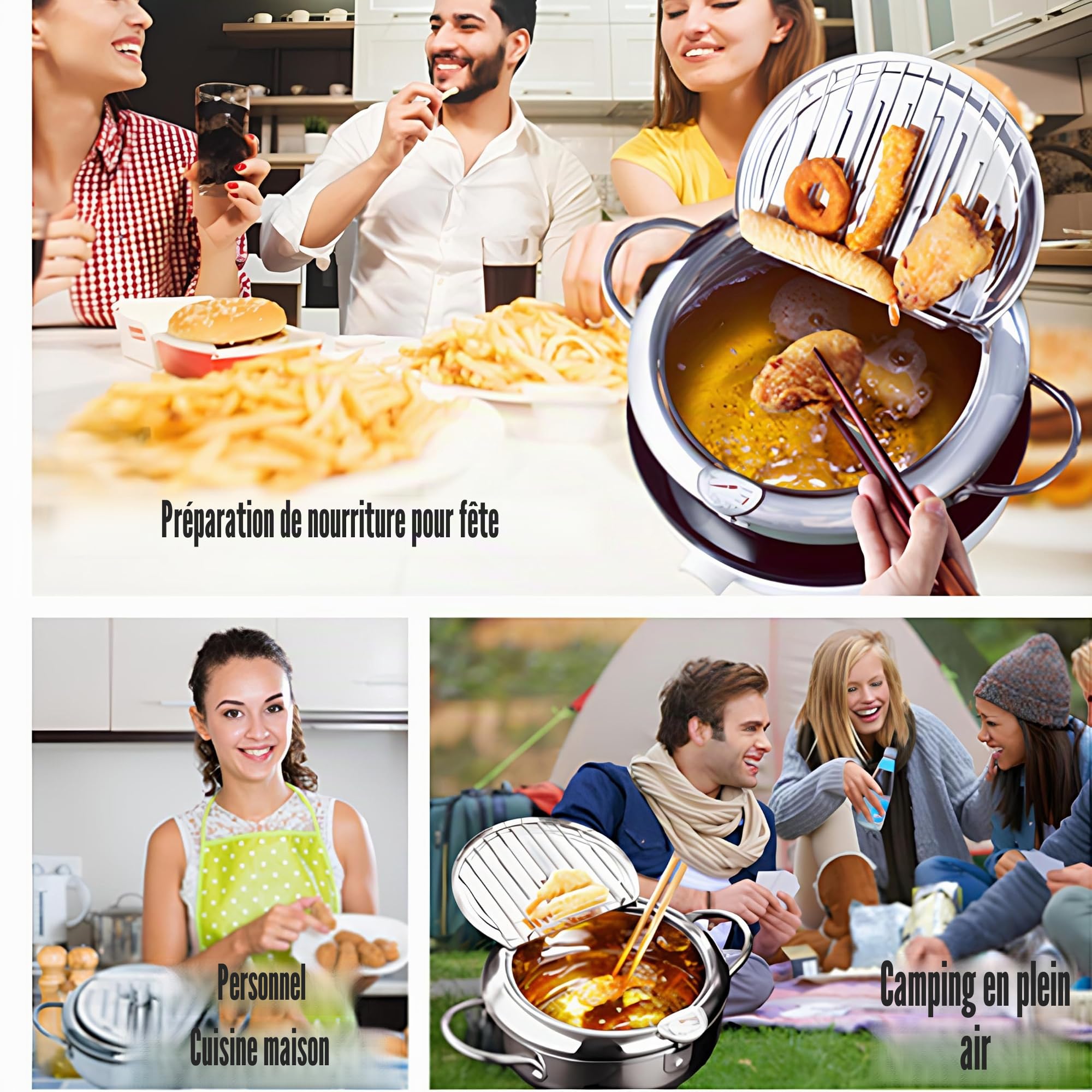 Qivine Friteuse Huile Japonaise Pot de Friteuse Tempura avec Thermomètre Tempura en Acier Inoxydable avec Grille de Vidange Amovible Pour Frire Poulet Français Poisson Sec (24 cm)