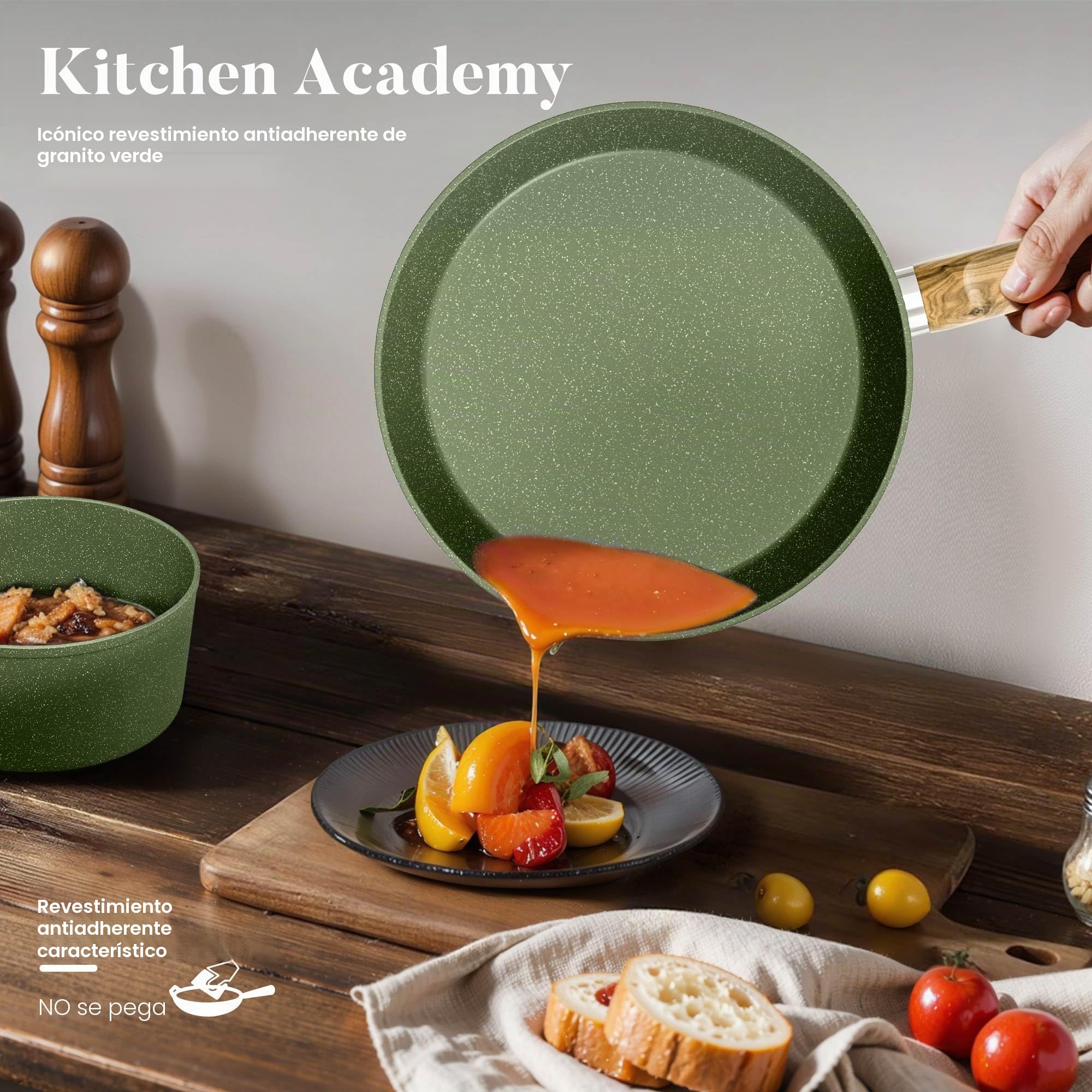 Kitchen Academy Juego de utensilios de cocina antiadherentes de granito, 12 piezas, compatible con inducción, juego de sartenes verdes con sartén y cacerola, sin PFOA