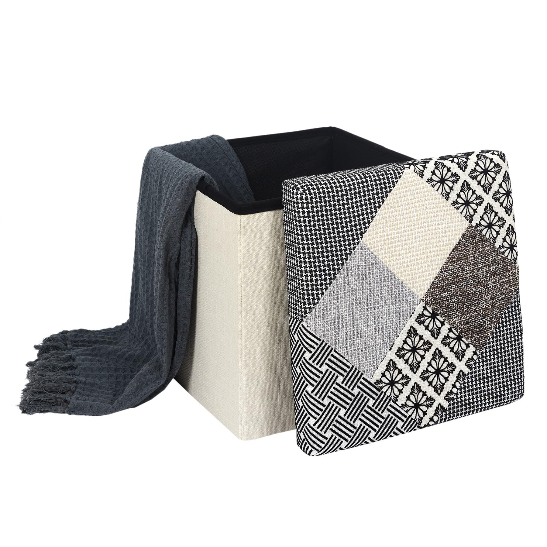 HOME DECO FACTORY HD7491 Pouf Patchwork Mobili Seduta Baule Panca Pieghevole Entree Soggiorno Camera Da Pranzo, Grigio, Bianco, Nero, Beige, 38x38x38 cm