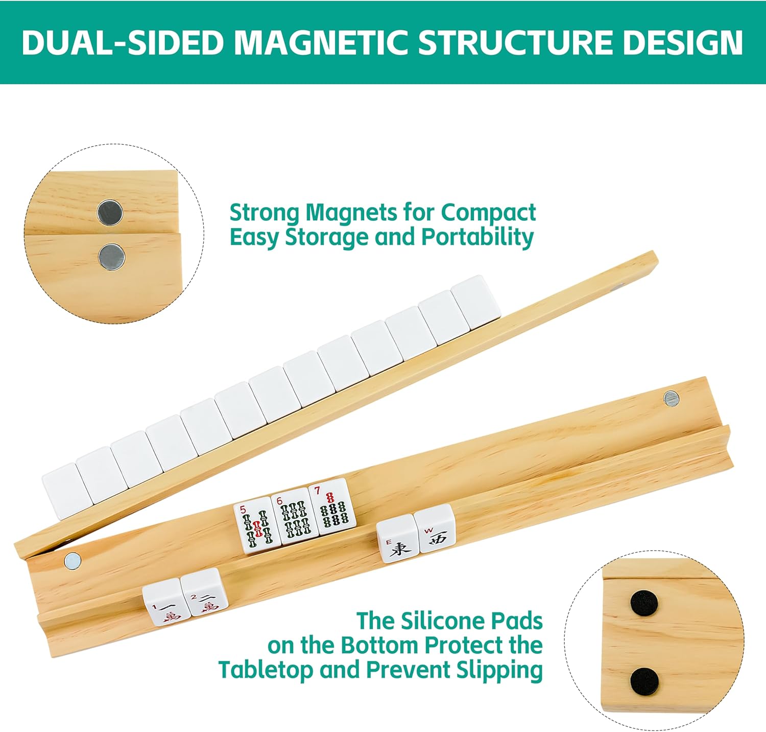 4PCS Magnetic Wooden Mahjong Racks - Natural Solid Pine Wood Pushers Set, American Mahjong Tile Rack Set, Mahjong Accessories for Standard Size Tiles 17 Inch