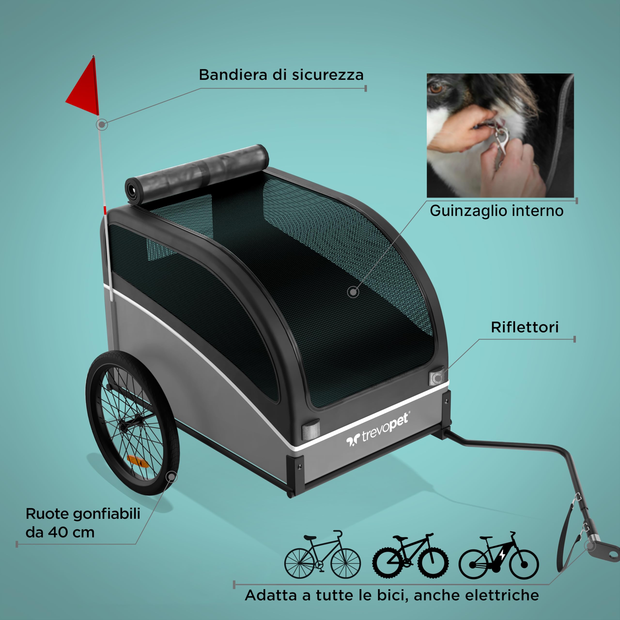 Rimorchio Bici Cani – Carrello per Cani Pieghevole fino a 40 kg – Carrello Bici per Cani con Gancio e Catarifrangenti – Carrello Cane – Rimorchio Cane – Compatibile con E-Bike
