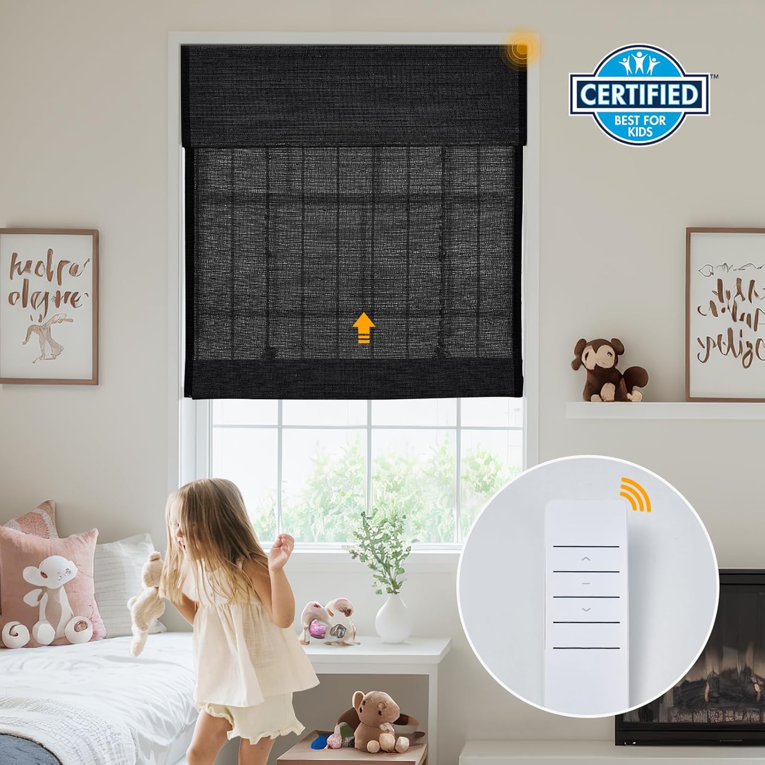 Keego Motorized Roman Blinds for Windows with Remote Control,Custom Cordless Automatic Roman Shade Natural Fabric Roman Window Shades Blinds Black(No Lining,Block 40%-50% Light) 26" W x 64" H