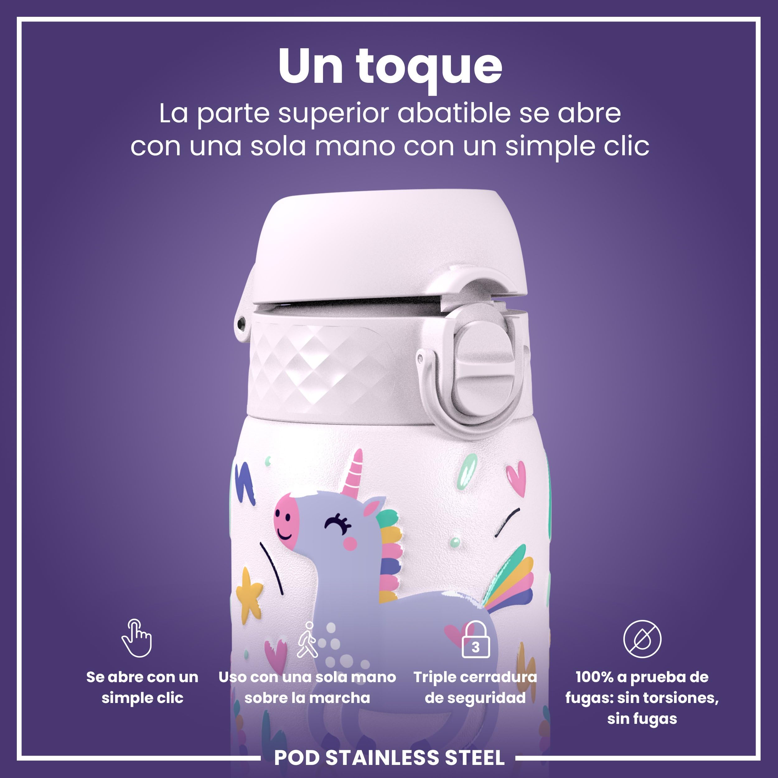 ion8 Botella Agua Inox Ligero para Niños, 400ml, Sin Aislamiento, a Prueba de Fugas, Fácil de Abrir, Cerradura Segura, Apta para Lavavajillas, Tapa Abatible, Fácil de Limpiar, Unicornios, Rosa