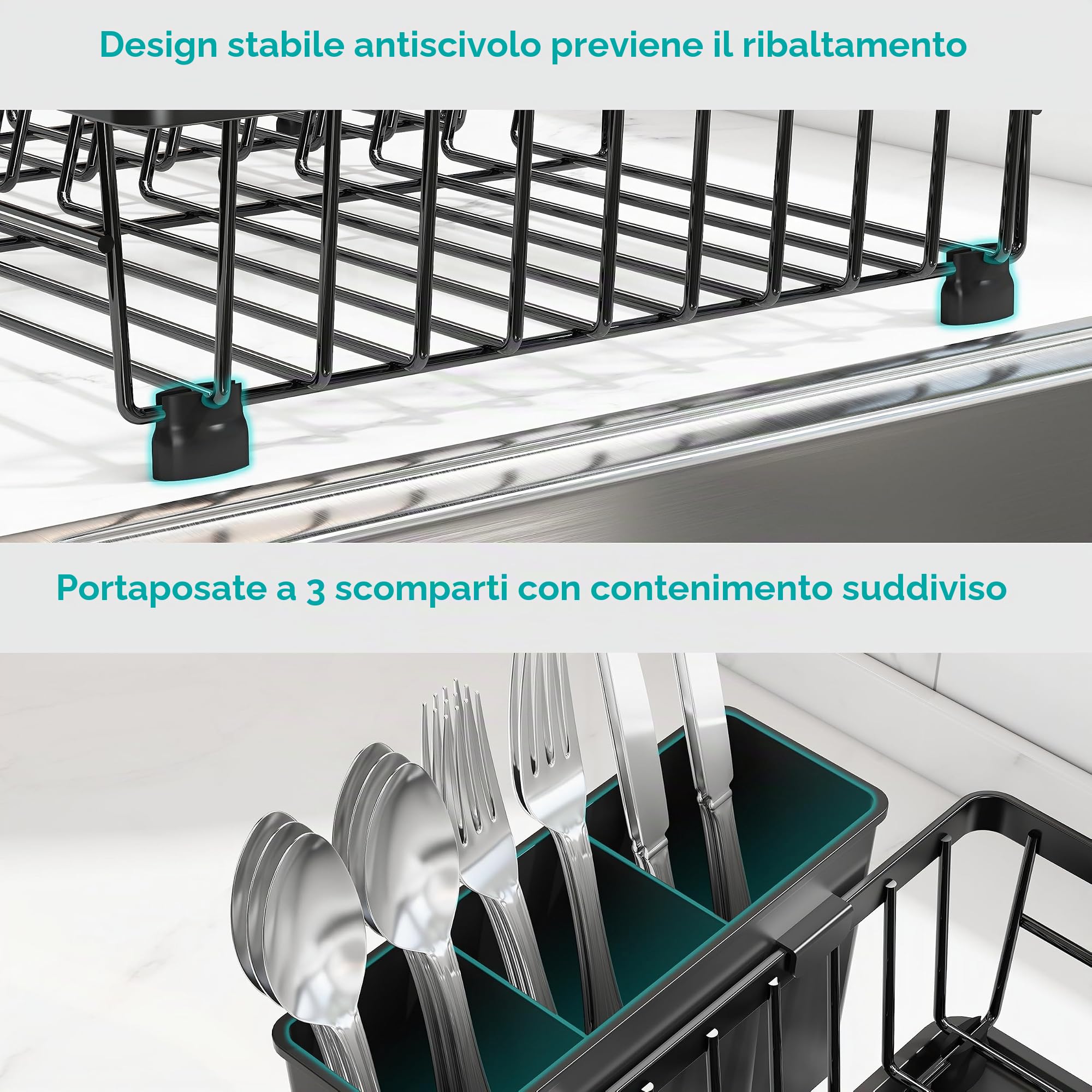MAJALiS Scolapiatti, Scolapiatti da Cucina in Acciaio Inox nero con Portautensili, Scarico