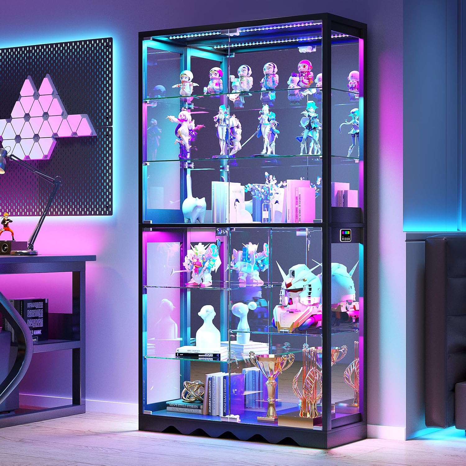 Large Display Cabinet with Glass Doors, 8-Tier RGB Curio Cabinet with Smart Human Induction & Remote Control, 73" Tall Stable Glass Display Case for Collectibles, Figures, Lockable Storage, Black