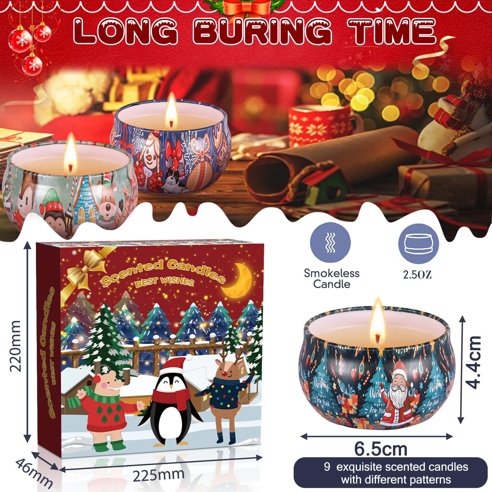 Duftkerzen Geschenkset Christmas Scented Candle Set Aromatherapiekerzen 2.5oz Natürliches Sojawachs Aroma Kerze Mit Tragbare in Dose für Weihnachten GeburtstagsgeschenkBad/Yoga neu (9)