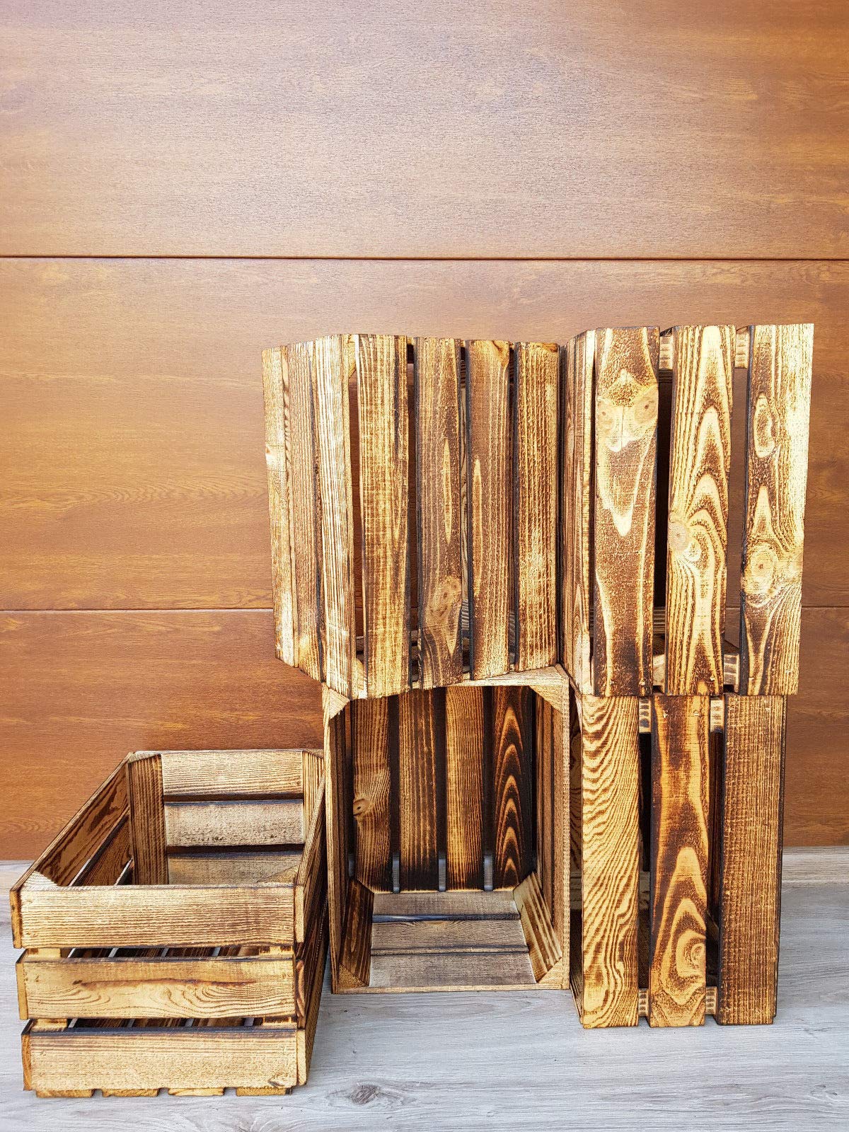 Rustic Wooden Storage Crates – Burnt Effect Solid Wood Boxes for Home or Display – Set of 6 (23 x 29 x 39 cm)