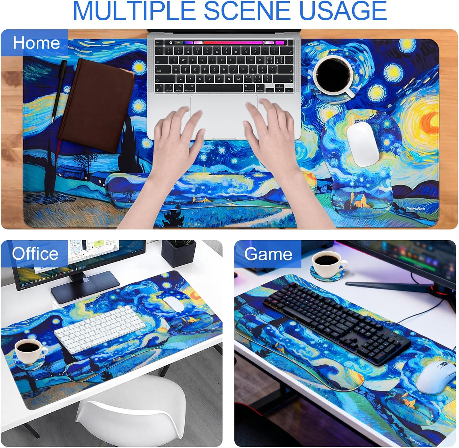 Petmolico Mouse Pad Set with Computer Keyboard Desk Pad,Mouse Pad with Wrist Rest,Typing Wrist Pad and Cup Coasters,Ergonomic Design for Typing Pain Relief [Blue&Yellow,Starry Sky]
